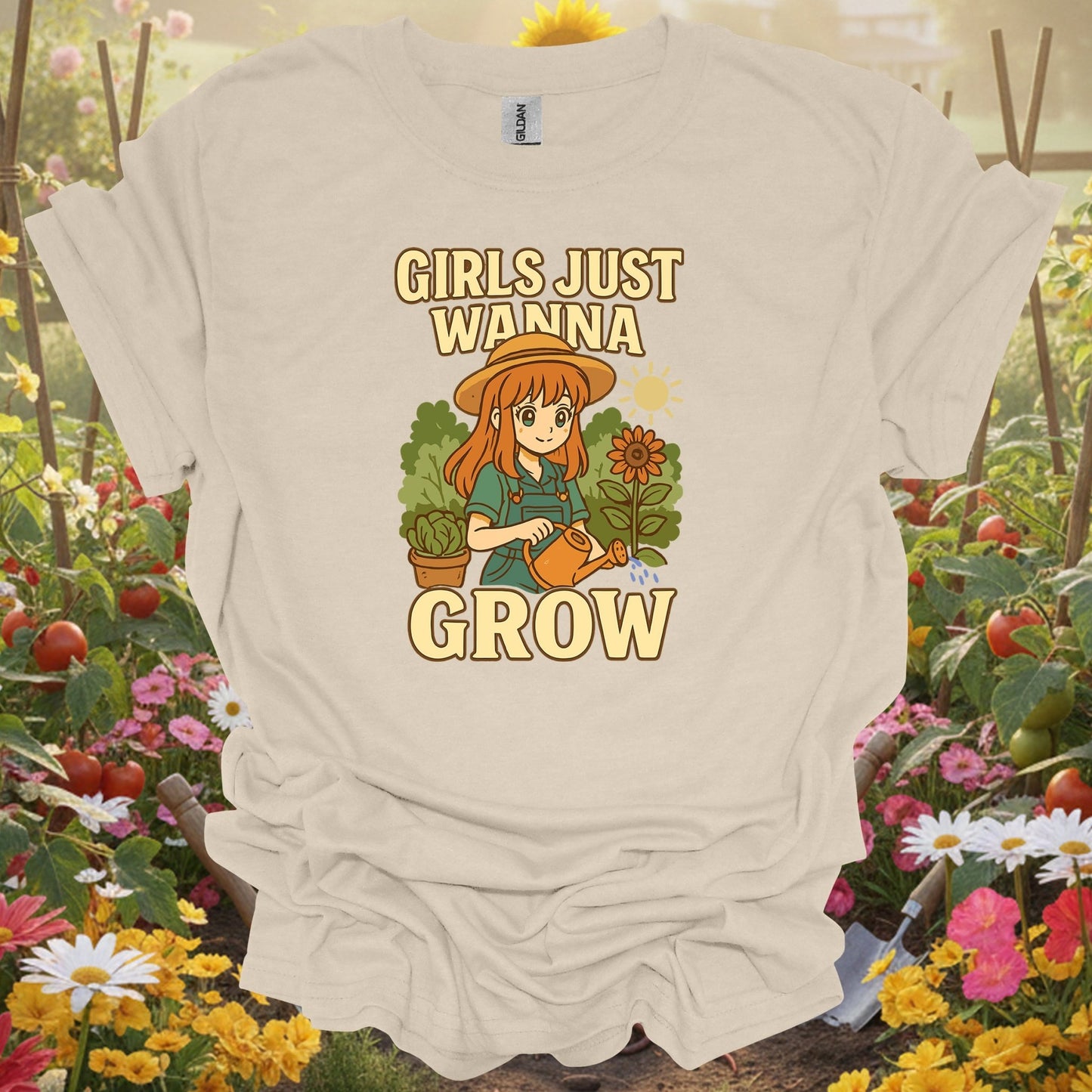 Natural tshirt showing girls just wanna grow anime sunflower for people who love plants