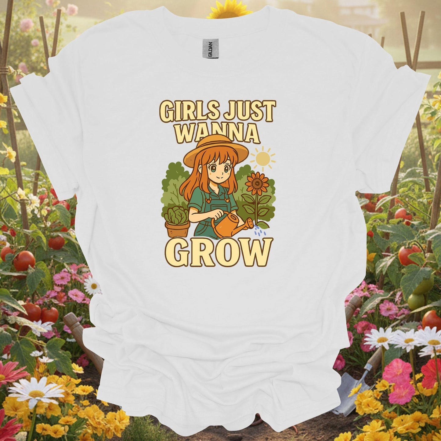 White shirt showing girls just wanna grow anime sunflower for outdoor enthusiasts