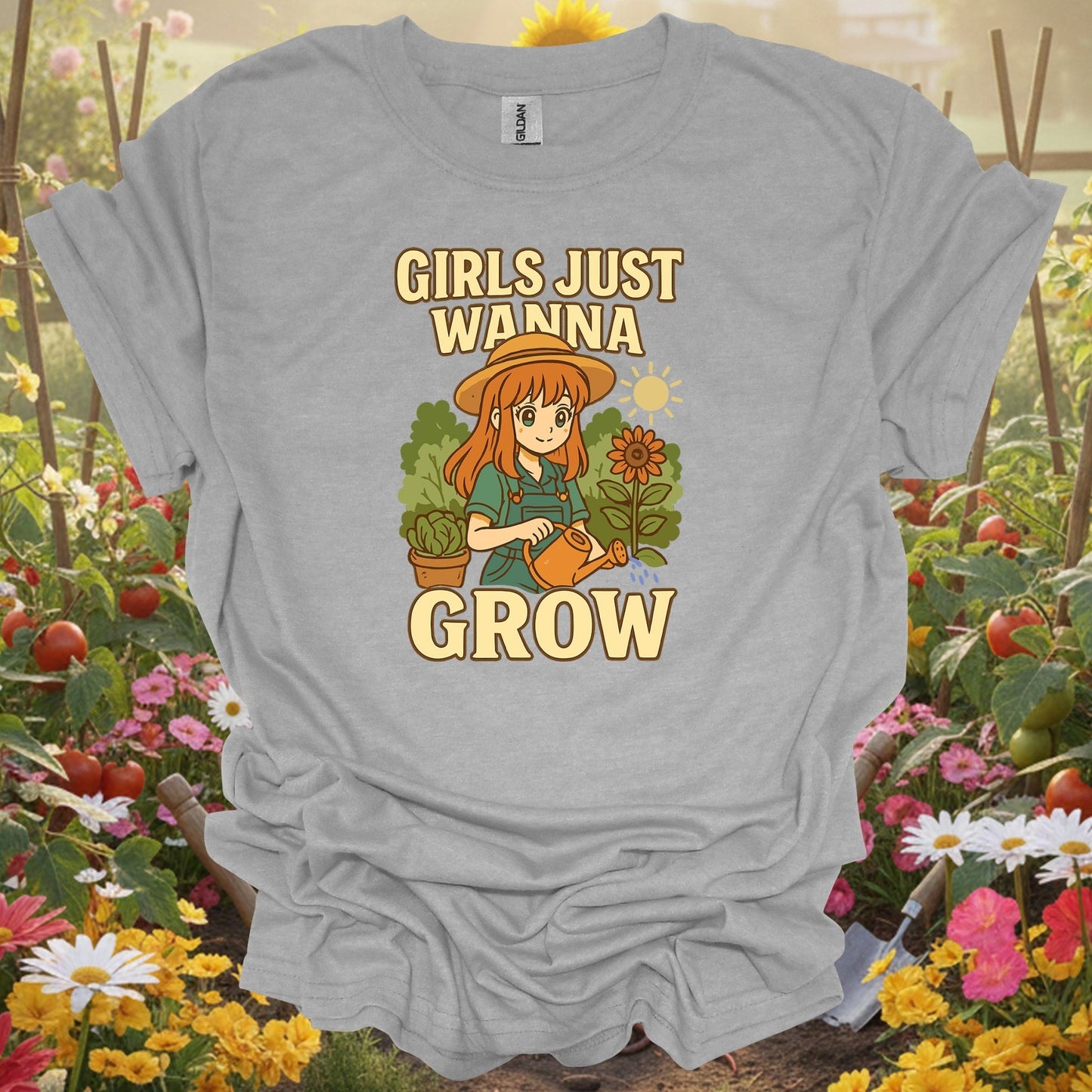 Sport Grey tee showing girls just wanna grow anime sunflower for garden hobbyists