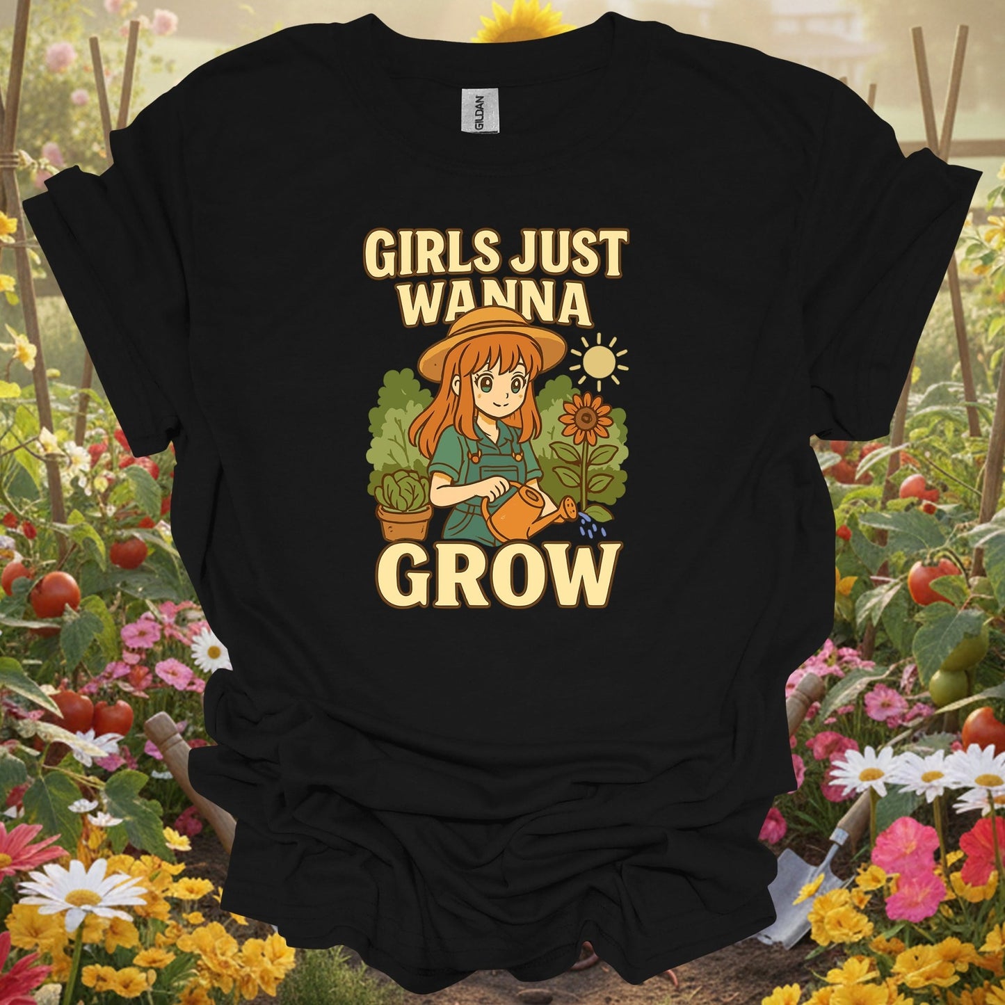 Black top showing girls just wanna grow anime sunflower for nature lovers