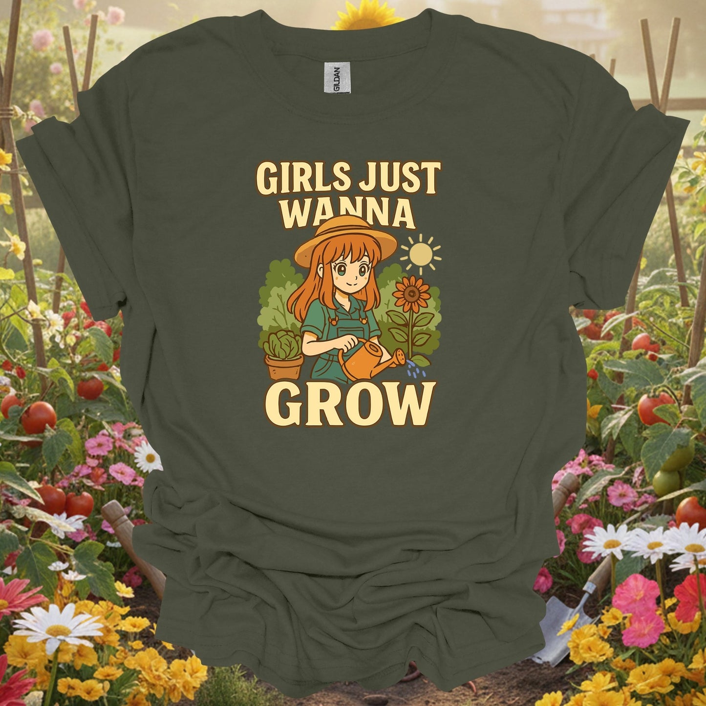 Military Green tshirt showing girls just wanna grow anime sunflower for gardening enthusiasts