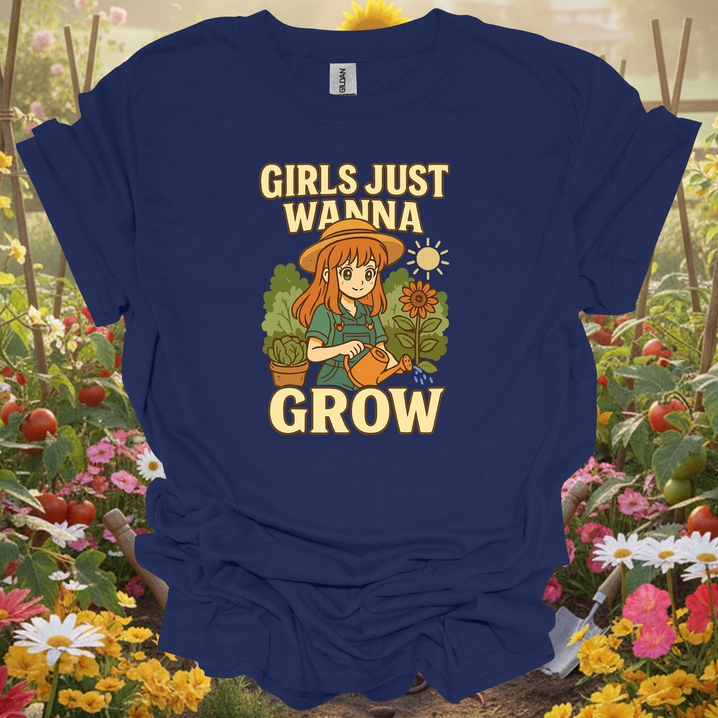 Navy top showing girls just wanna grow anime sunflower for green thumb folks