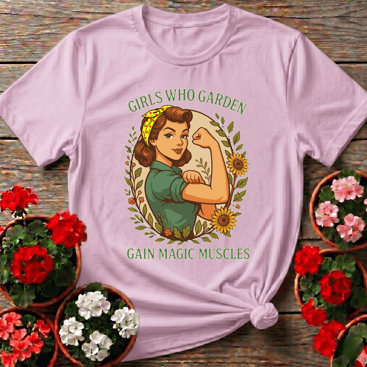 Light Pink vintage cottagecore gardening tee "Girls Who Garden Gain Magic Muscles" for the woman who gardens