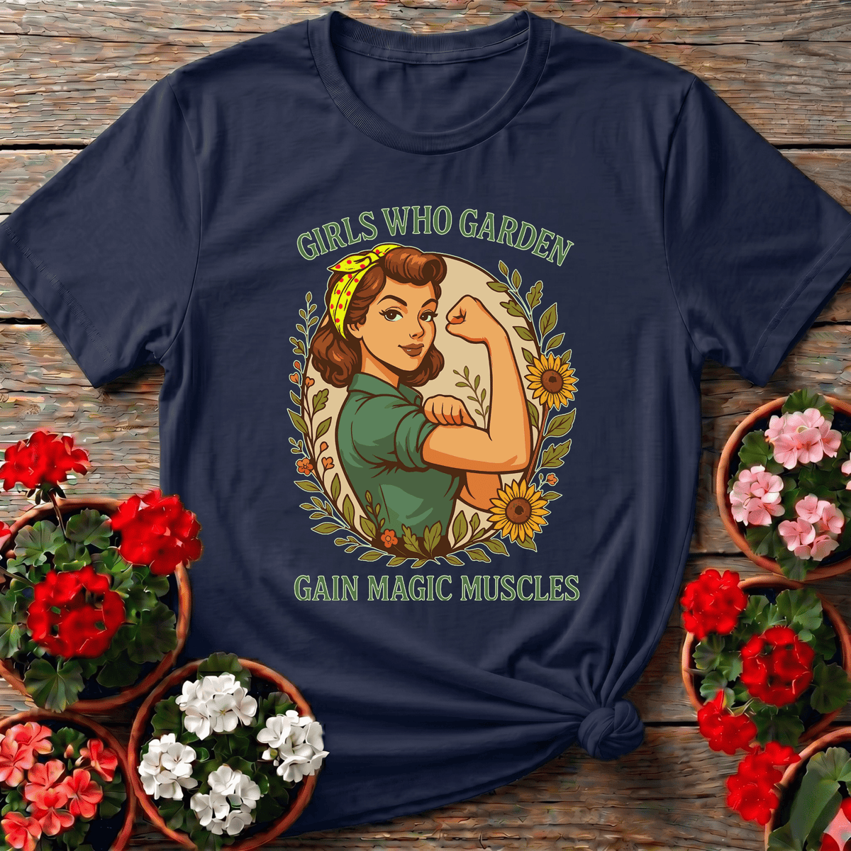 Navy vintage botanical gardening top "Girls Who Garden Gain Magic Muscles" for the strong woman gardener
