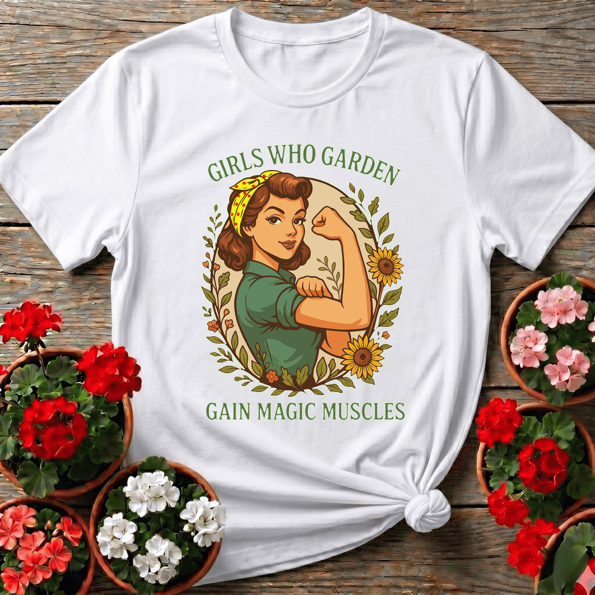 White retro cottagecore gardening shirt "Girls Who Garden Gain Magic Muscles" for women who love to garden