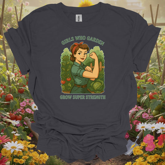 Charcoal tshirt showing bold retro strong woman gardener illustration for female gardeners