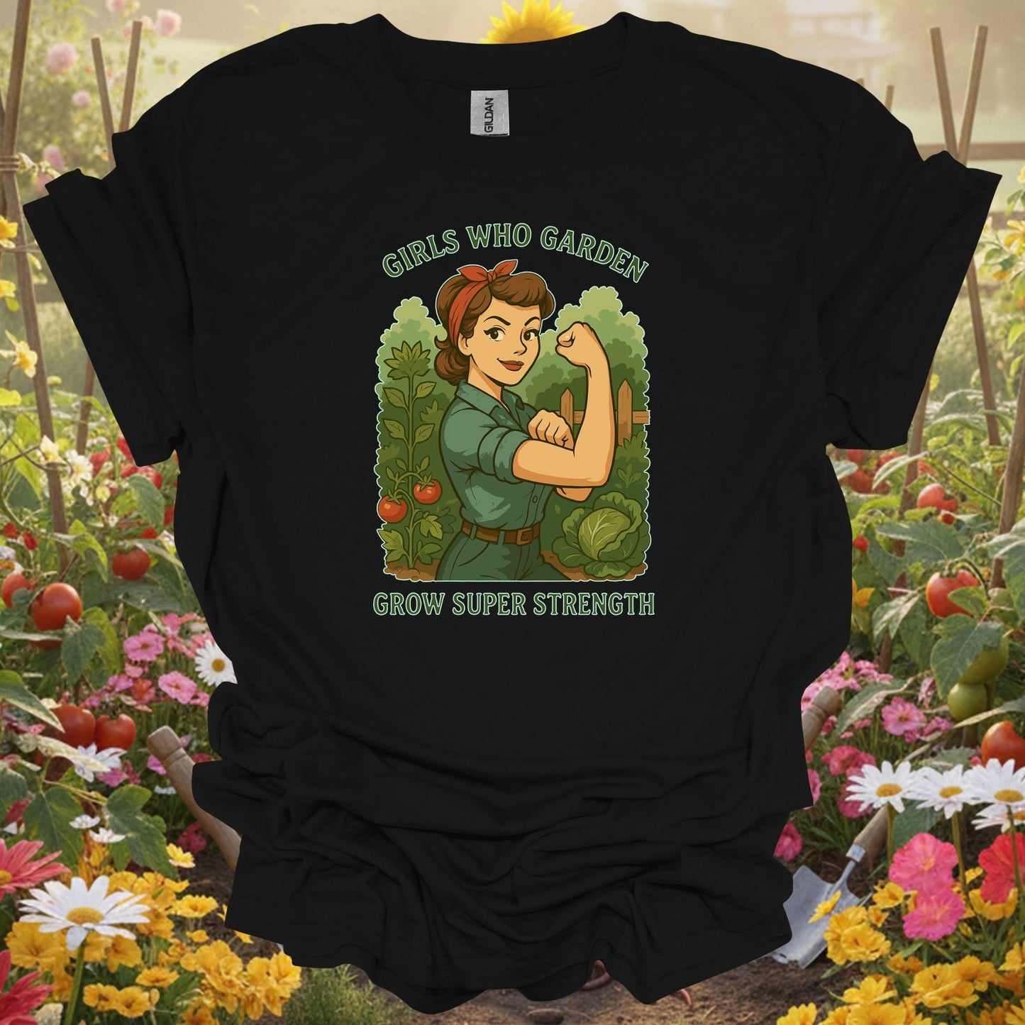 Black shirt showing bold retro strong woman gardener illustration for people who haul and dig