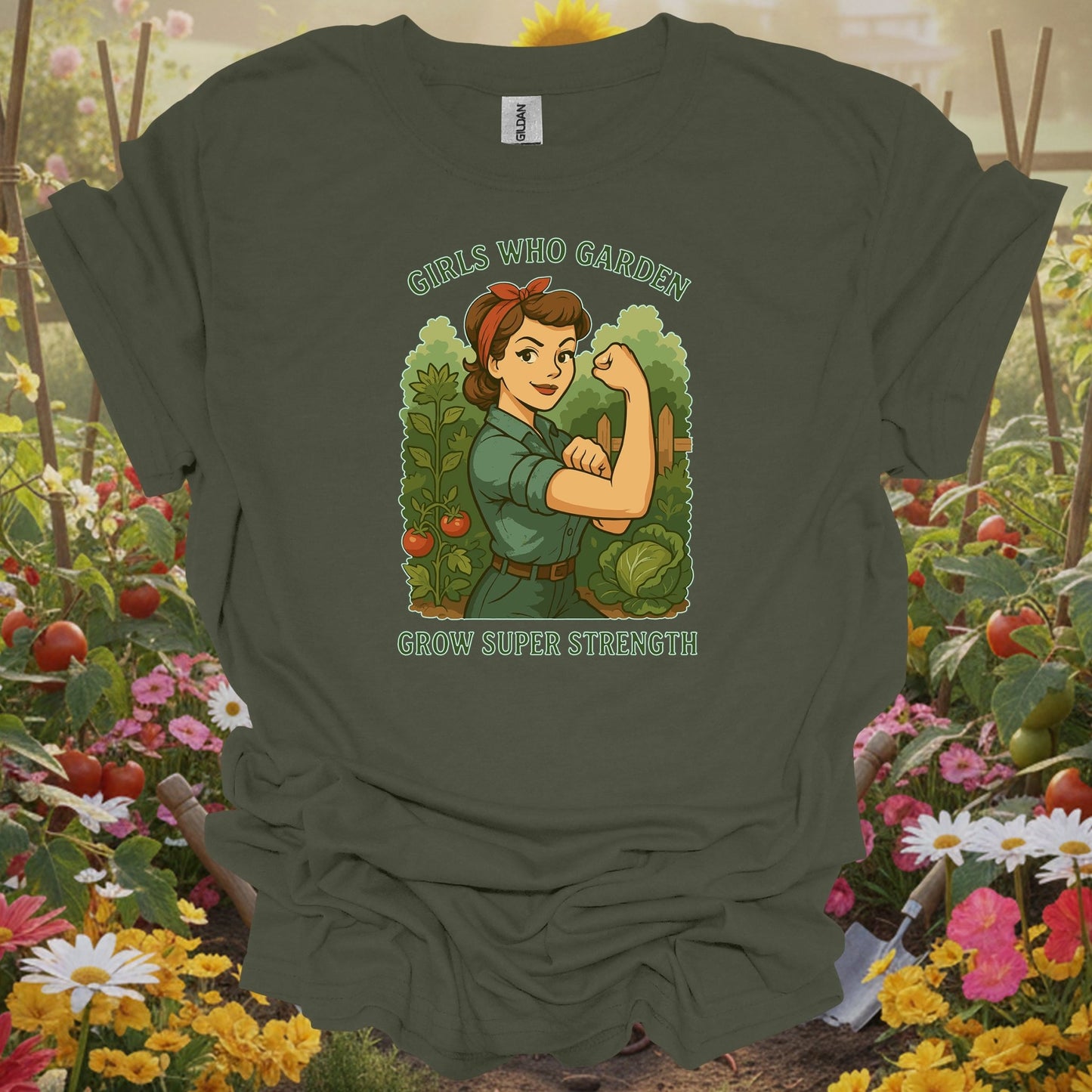 Military Green top showing bold retro strong woman gardener illustration for women with dirt under their nails