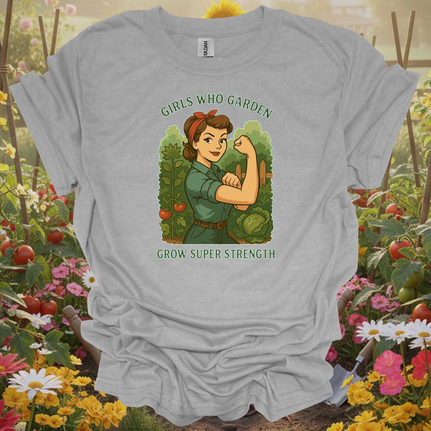 Sport Grey tshirt showing bold retro strong woman gardener illustration for nursery workers
