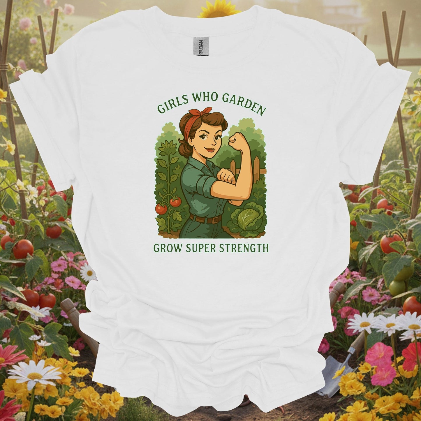 White tee showing bold retro strong woman gardener illustration for gardeners with serious muscle