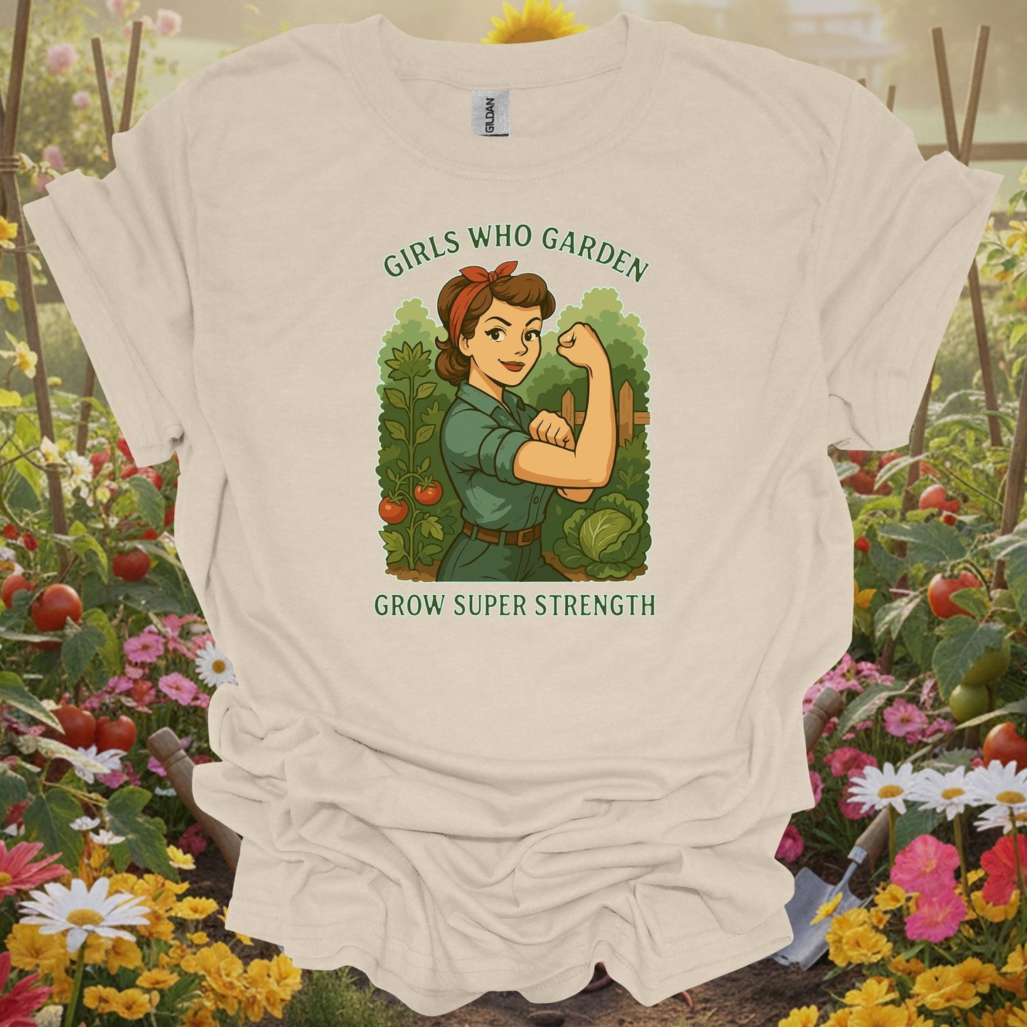 Natural tshirt showing bold retro strong woman gardener illustration for farm runners who handle everything