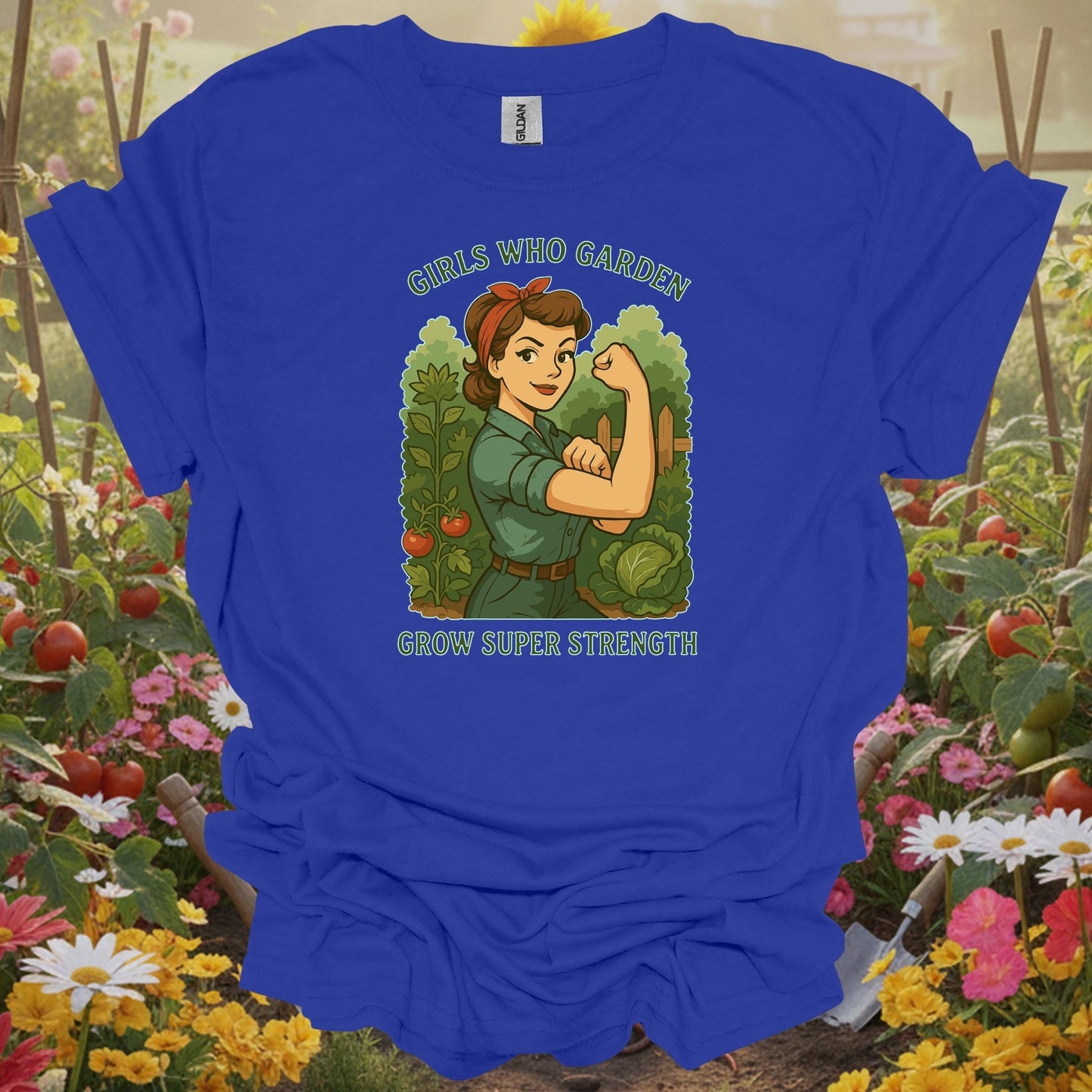 Royal top showing bold retro strong woman gardener illustration for strong women in agriculture