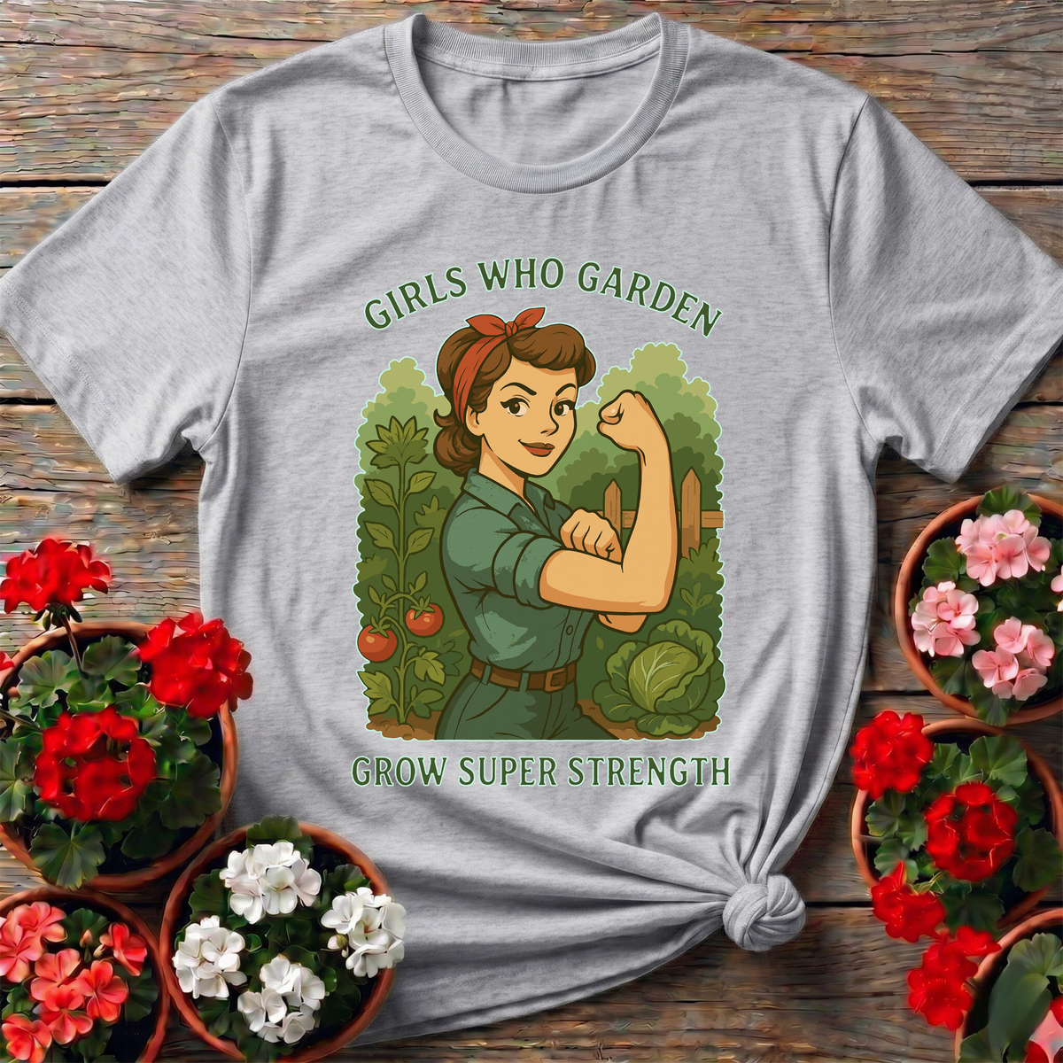 Girls Who Garden Grow Super Strength Retro T-shirt - GardeningTshirts