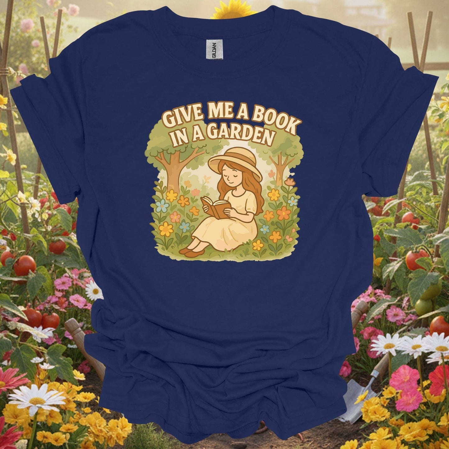 Navy top showing give me a book in a garden peaceful for green thumb folks