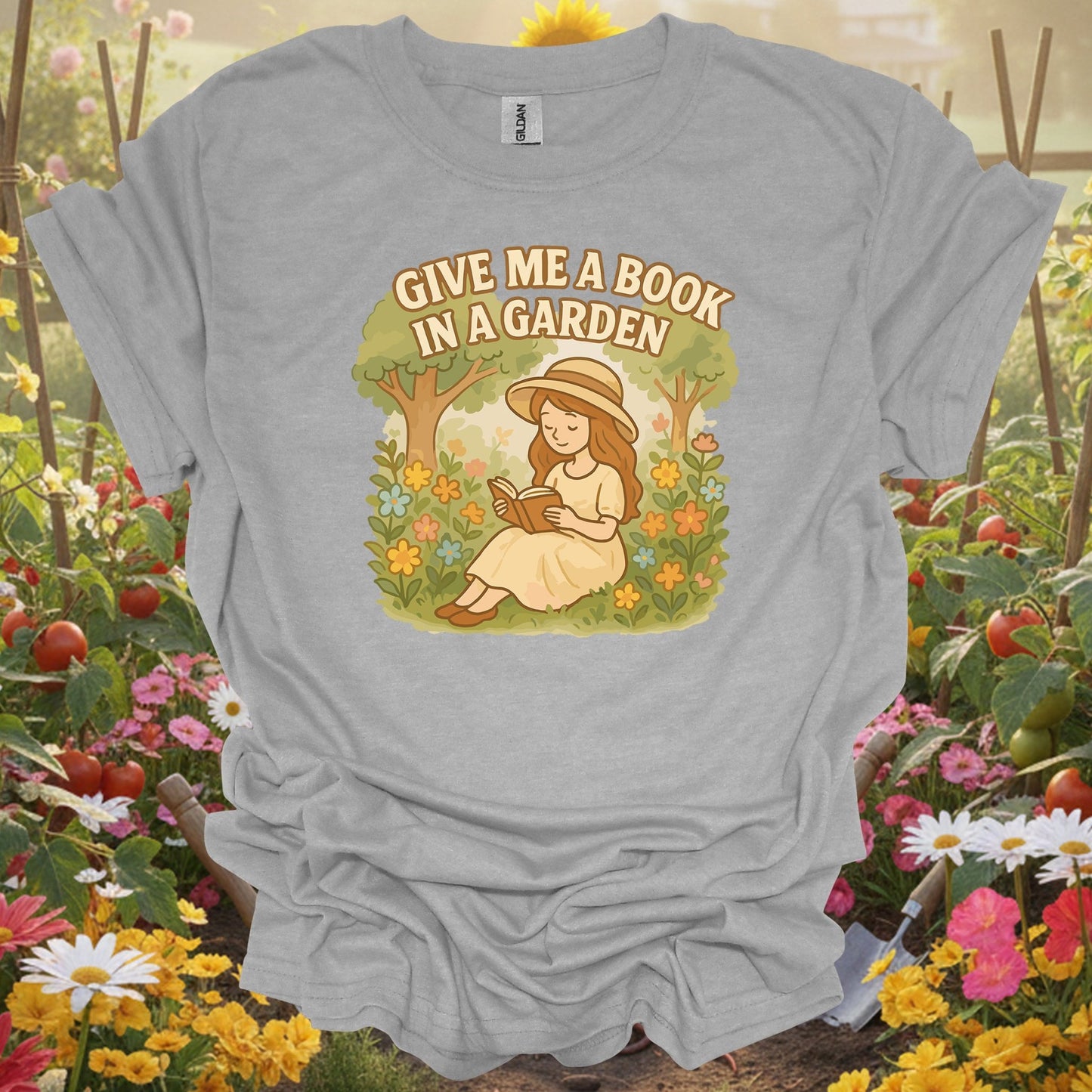Sport Grey tshirt showing give me a book in a garden peaceful for backyard growers