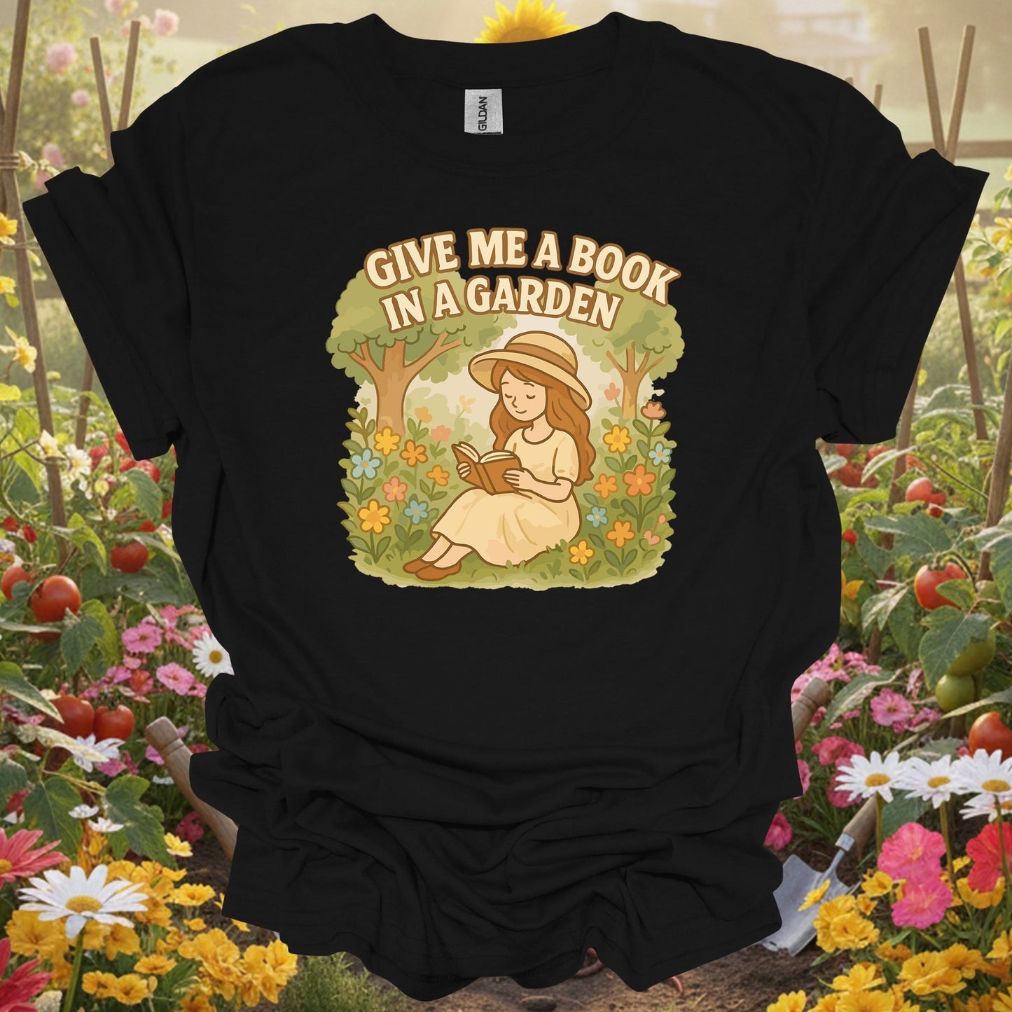 Black shirt showing give me a book in a garden peaceful for outdoor enthusiasts