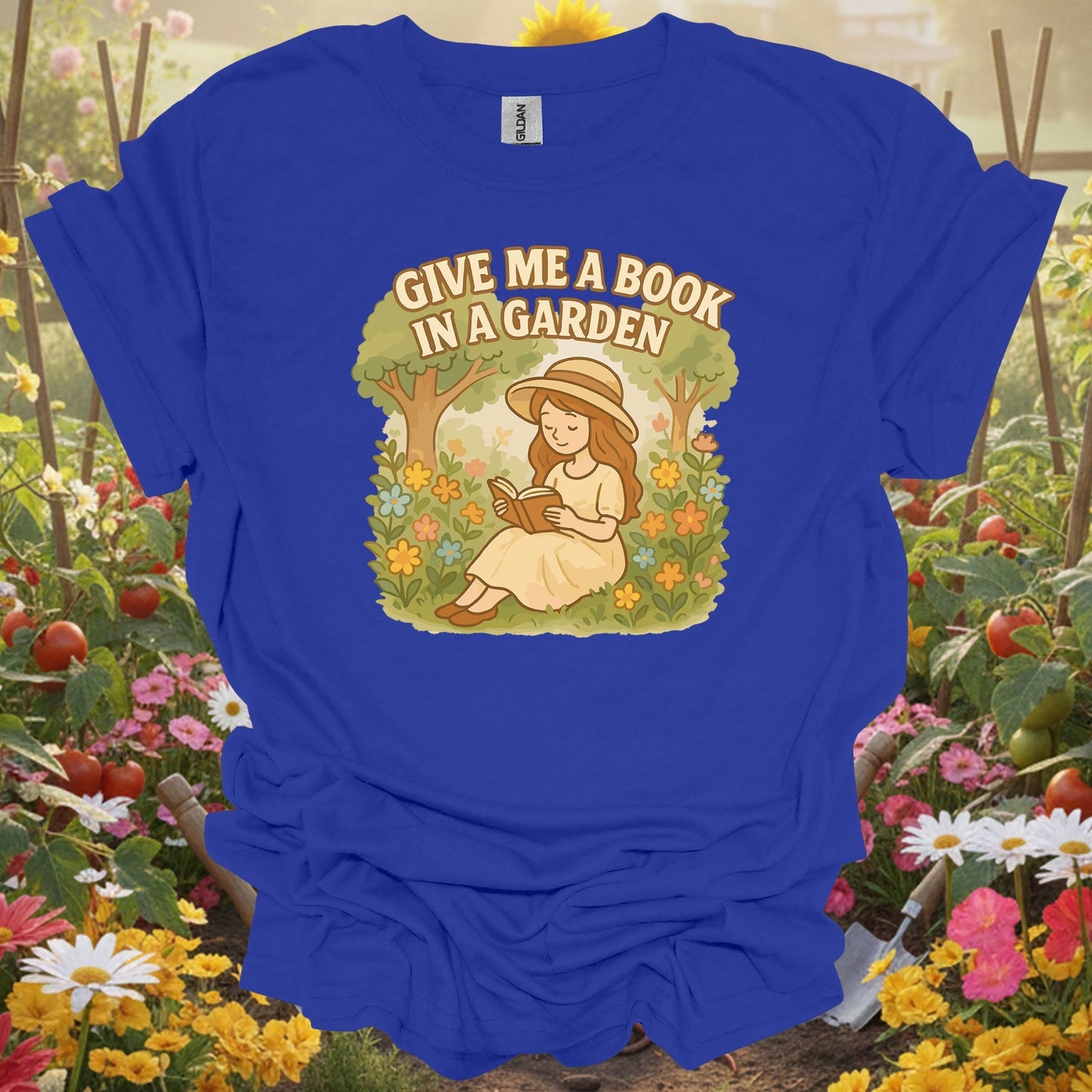 Royal tshirt showing give me a book in a garden peaceful for gardening enthusiasts
