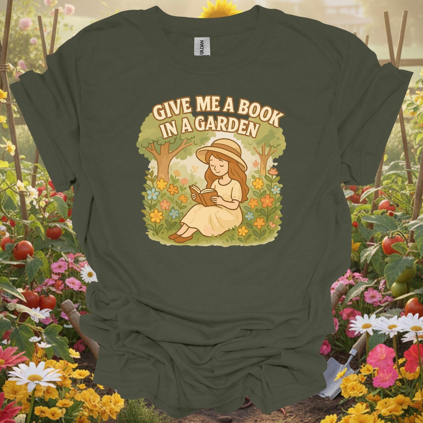 Military Green top showing give me a book in a garden peaceful for nature lovers