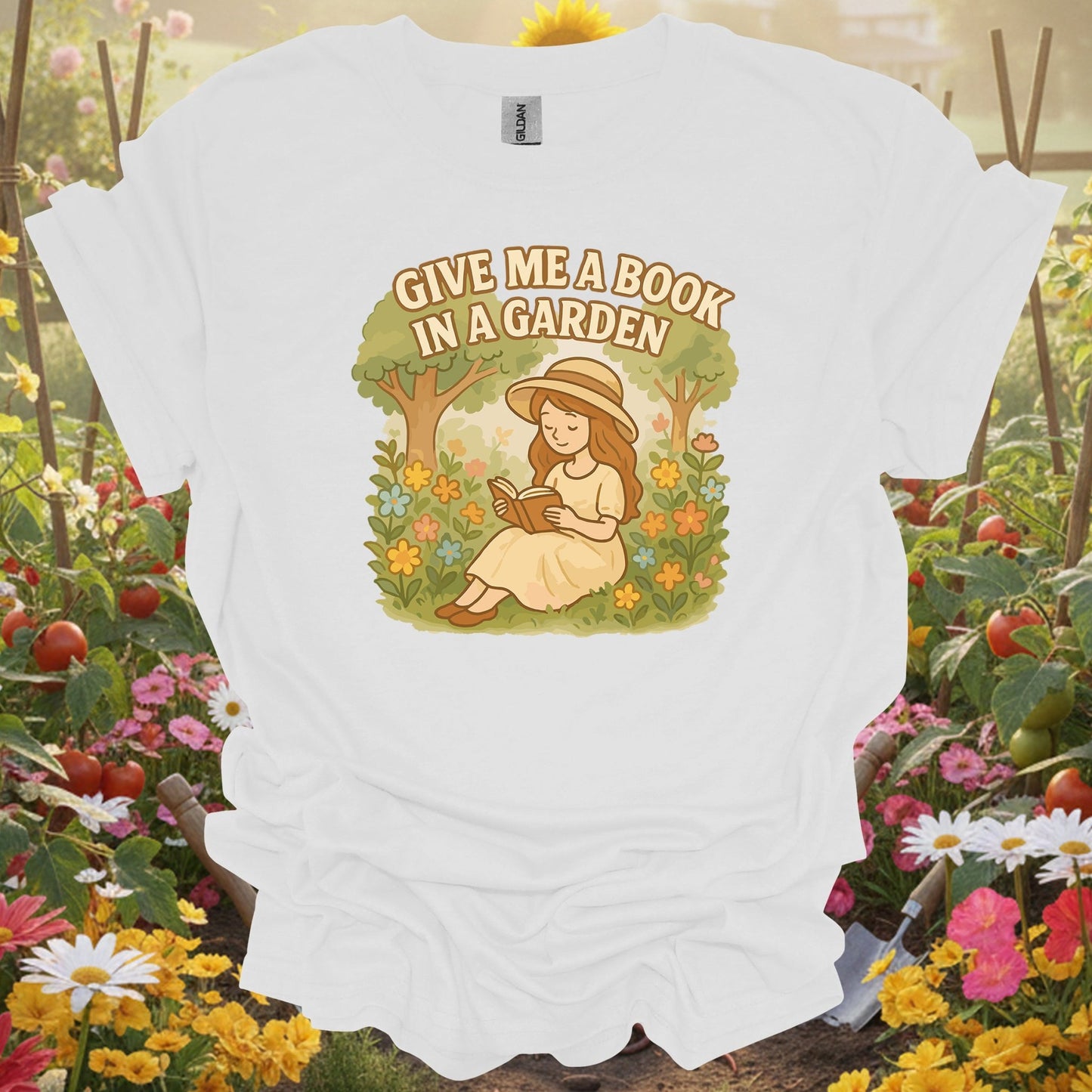 White tee showing give me a book in a garden peaceful for garden hobbyists