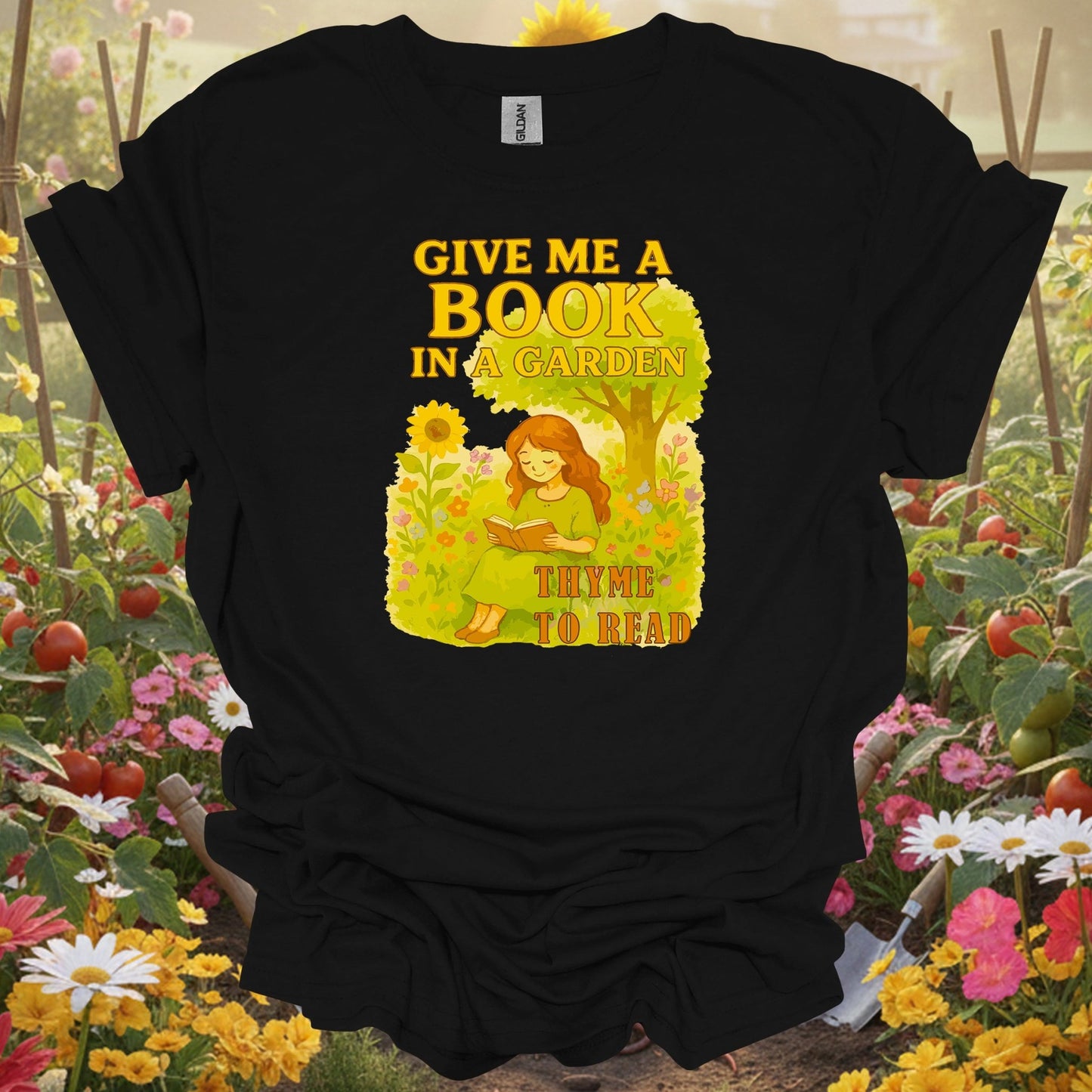 Black gardening shirt with reading in herb garden with thyme for book lovers, herb gardeners, garden readers
