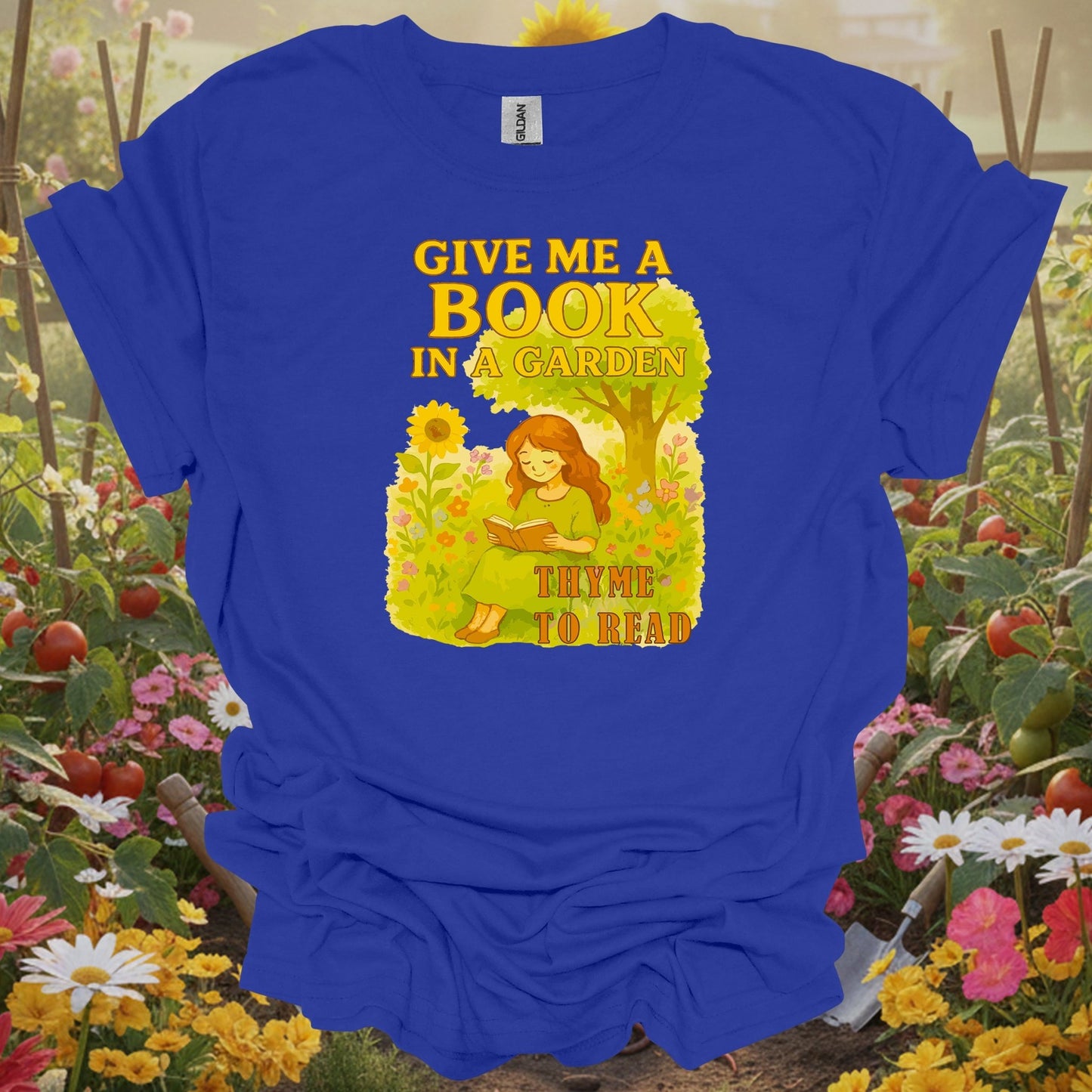 Royal gardening shirt with reading in herb garden with thyme for book lovers, herb gardeners, garden readers
