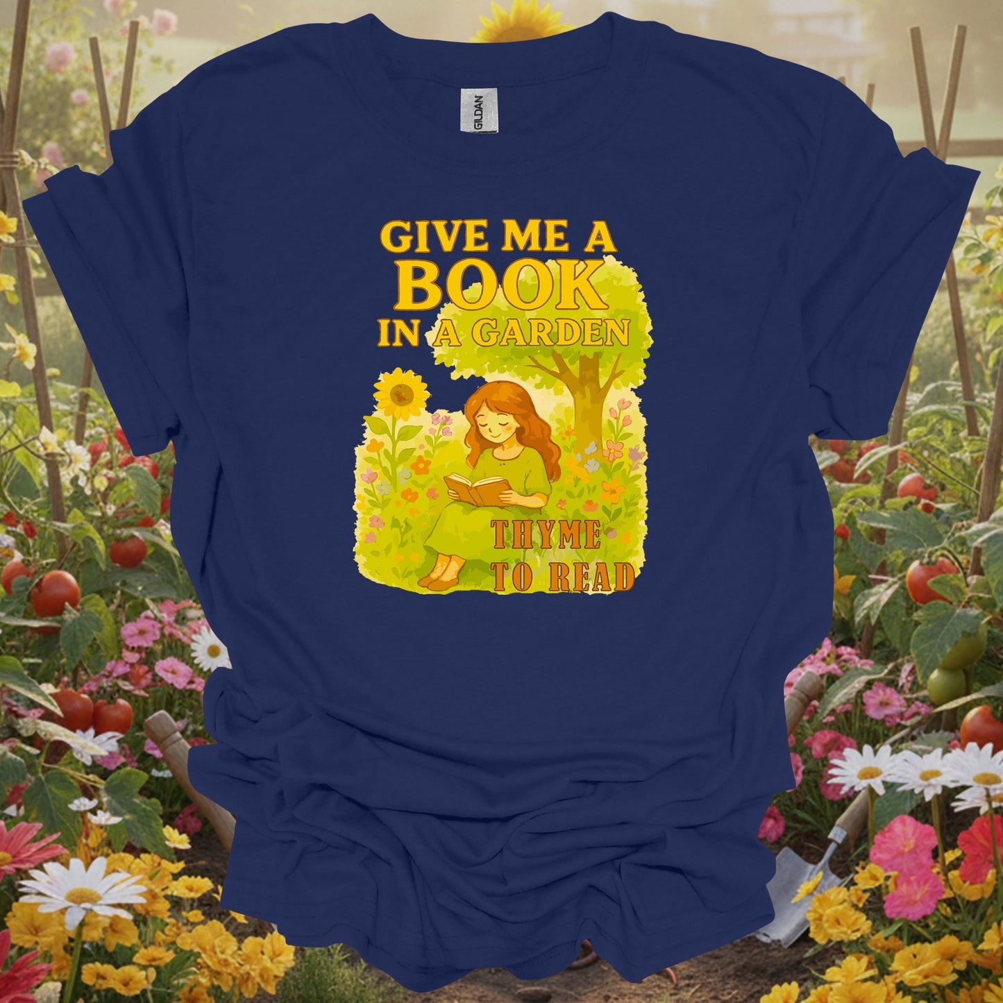 Navy gardening shirt with reading in herb garden with thyme for book lovers, herb gardeners, garden readers