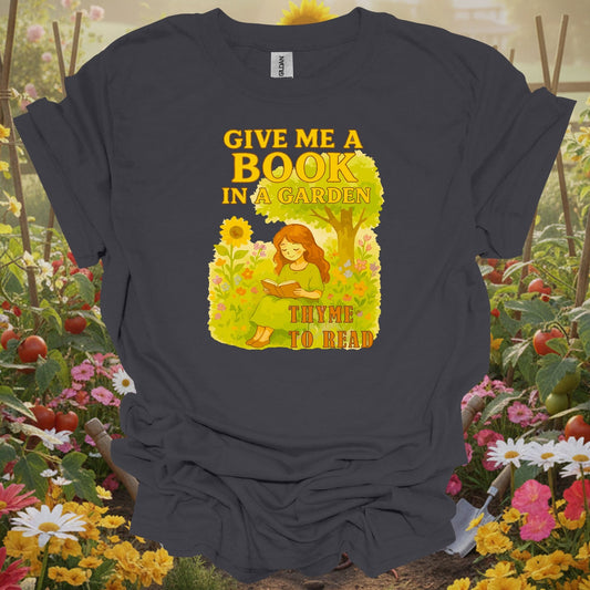 Charcoal gardening shirt with reading in herb garden with thyme for book lovers, herb gardeners, garden readers