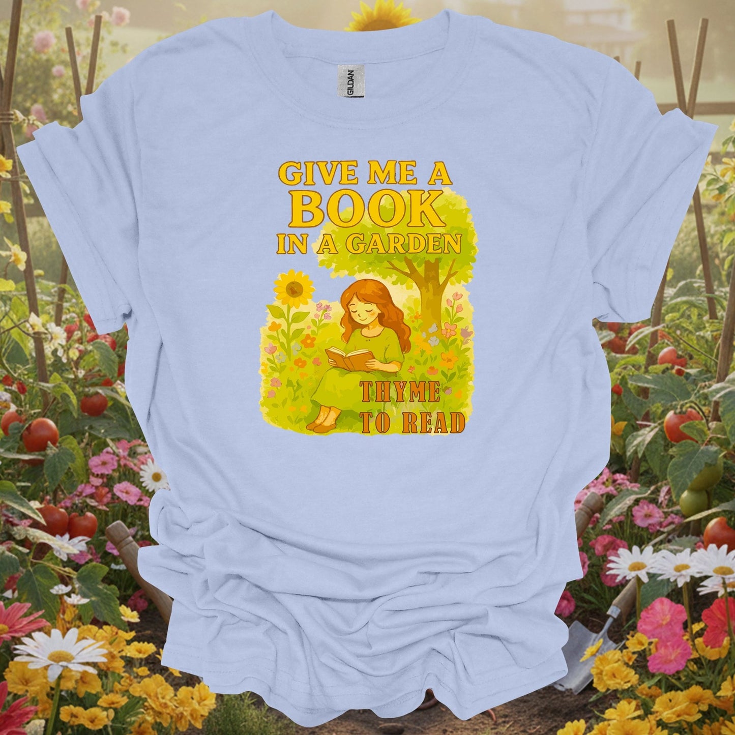 Light Blue gardening shirt with reading in herb garden with thyme for book lovers, herb gardeners, garden readers