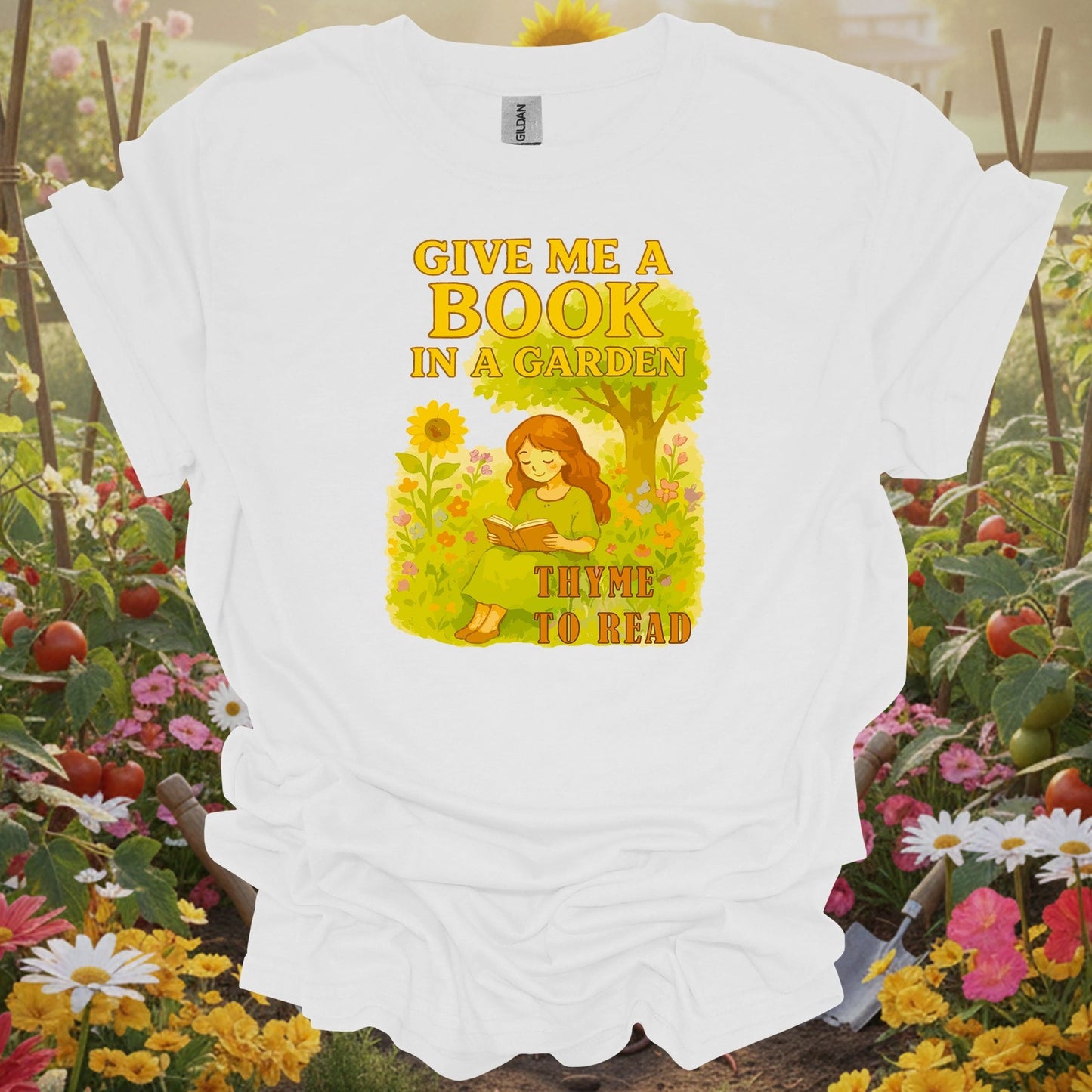 White gardening shirt with reading in herb garden with thyme for book lovers, herb gardeners, garden readers
