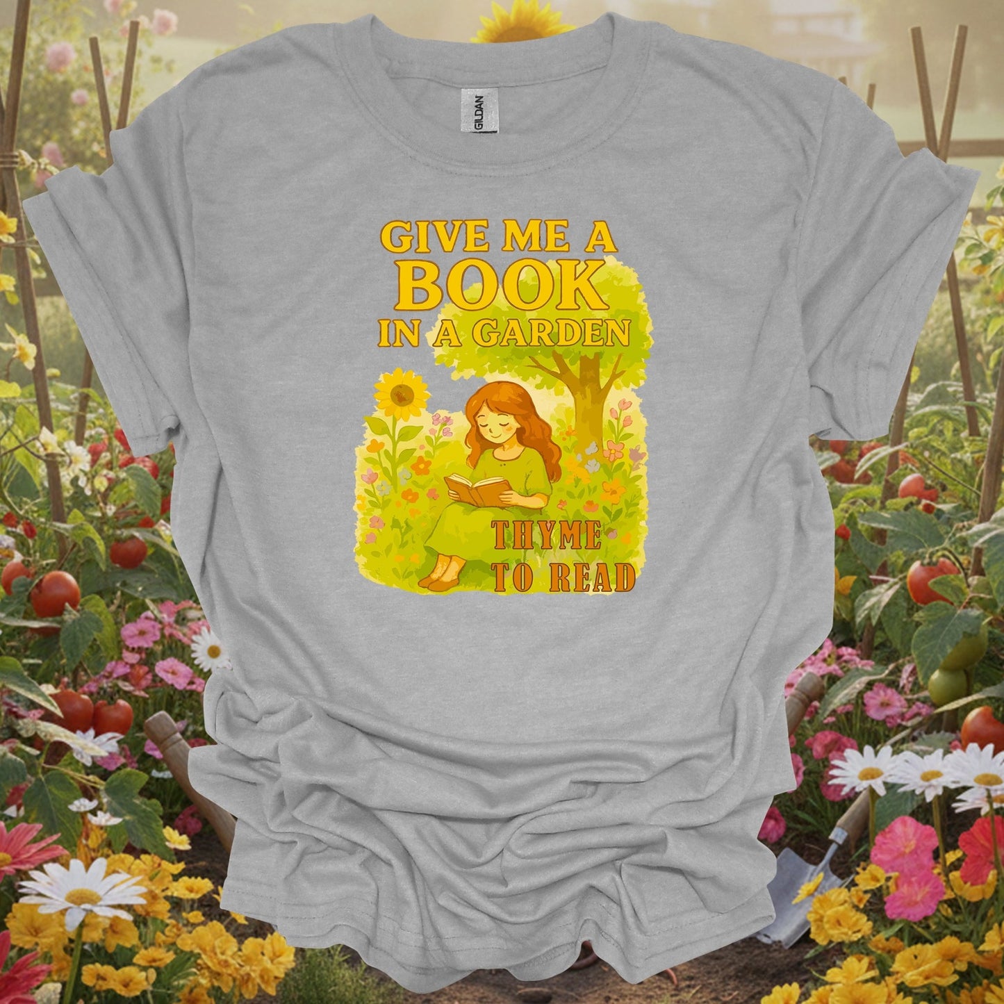 Sport Grey gardening shirt with reading in herb garden with thyme for book lovers, herb gardeners, garden readers

