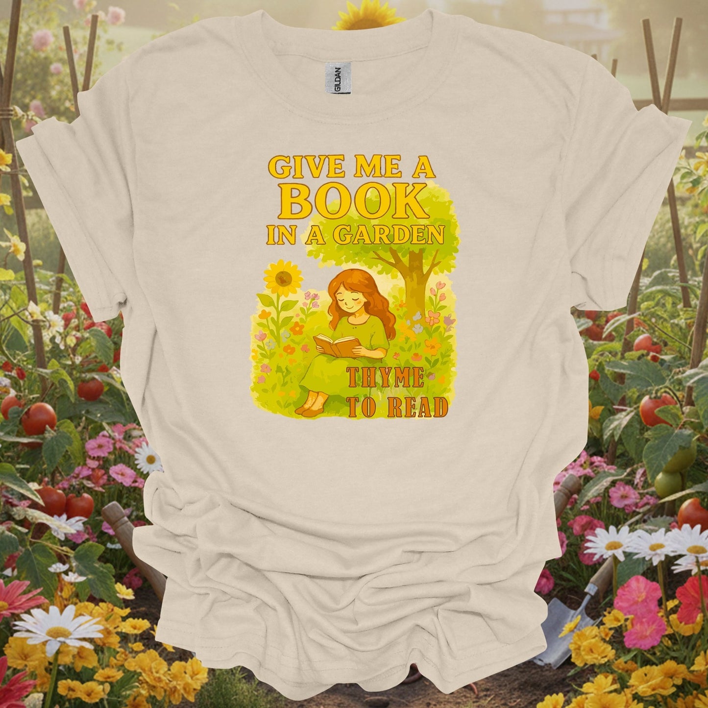 Natural gardening shirt with reading in herb garden with thyme for book lovers, herb gardeners, garden readers
