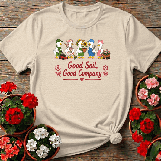 Natural warm storybook-style duck gardener shirt with "Good Soil, Good Company" for cottagecore fans
