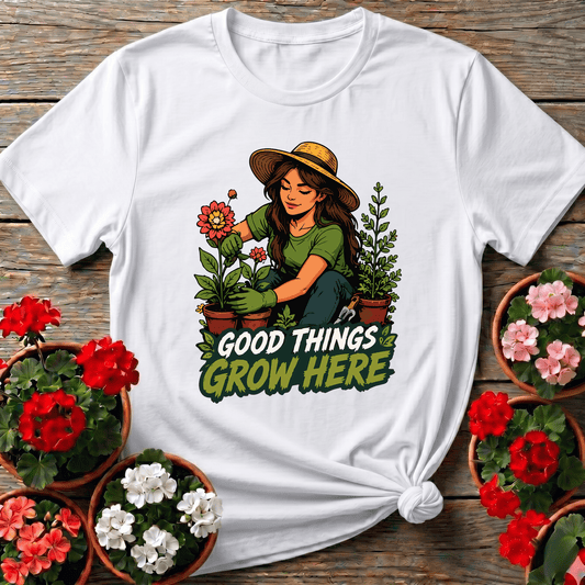 White retro botanical straw hat gardener shirt with quote "Good Things Grow Here" for women