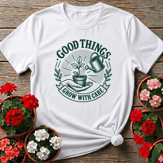White vintage halftone gardening shirt "Good Things Grow With Care" for slow-growth gardeners