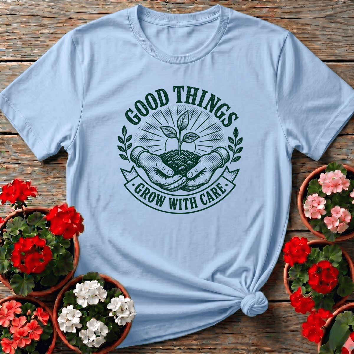 Light Blue earthy heritage badge gardening top with cupped hands seedling for thoughtful gardeners