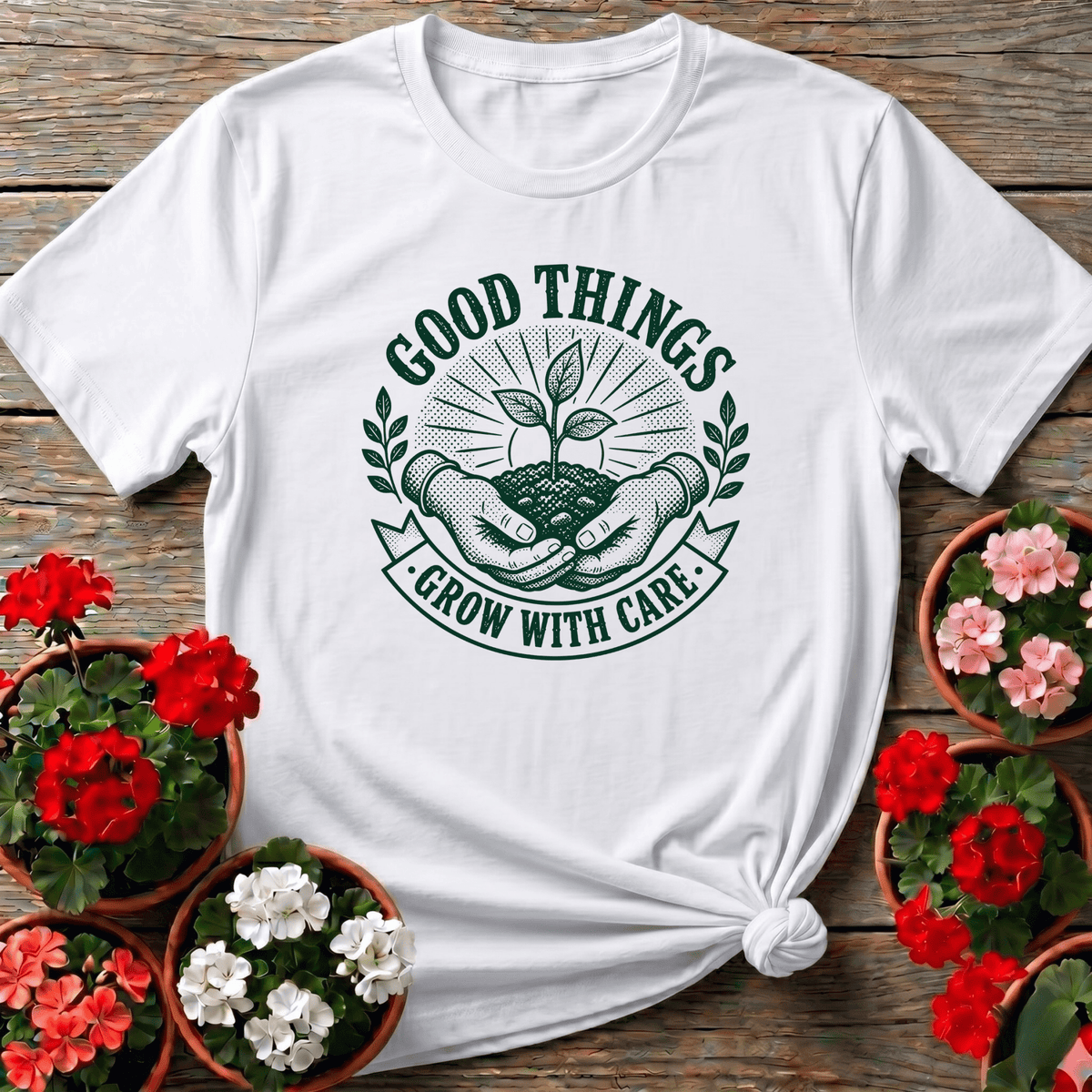 White heritage-style engraving gardening shirt with cupped hands seedling design for garden enthusiasts