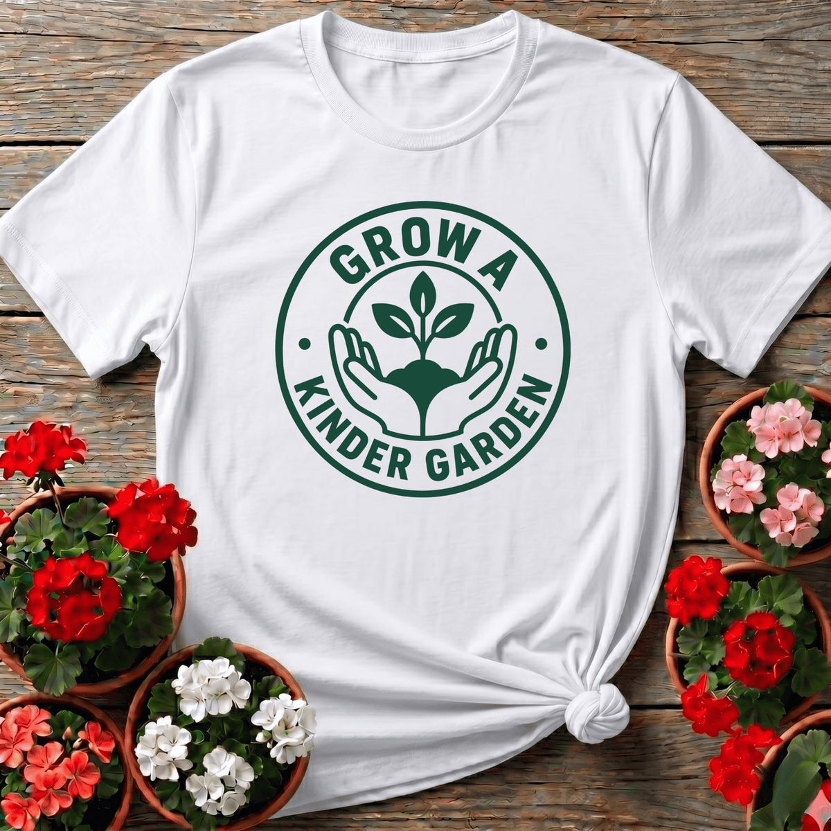 White minimalist emblem gardening shirt with "Grow a Kinder Garden" for backyard philosophers