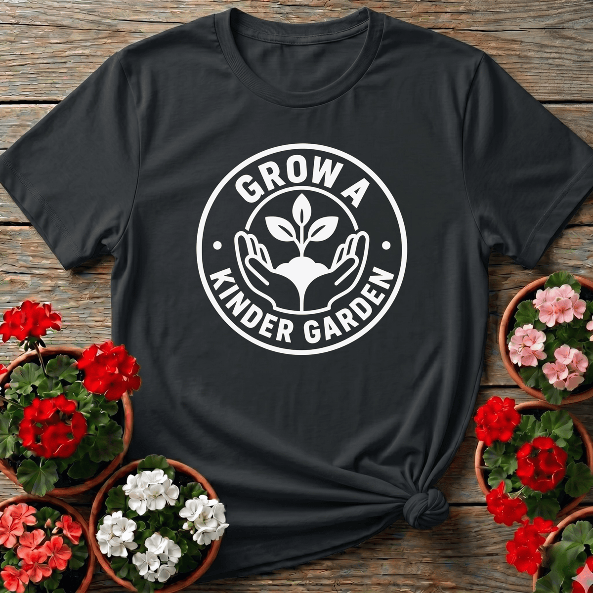 Black retro badge gardening tee with "Grow a Kinder Garden" for slow-living plant lovers