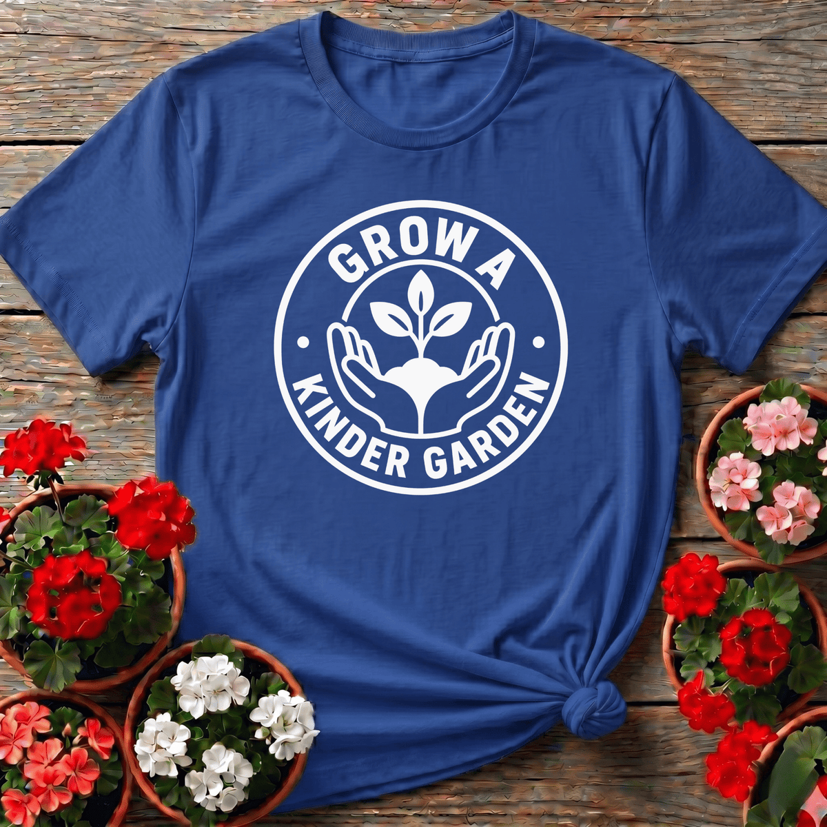 Royal retro badge gardening shirt with "Grow a Kinder Garden" for thoughtful home gardeners