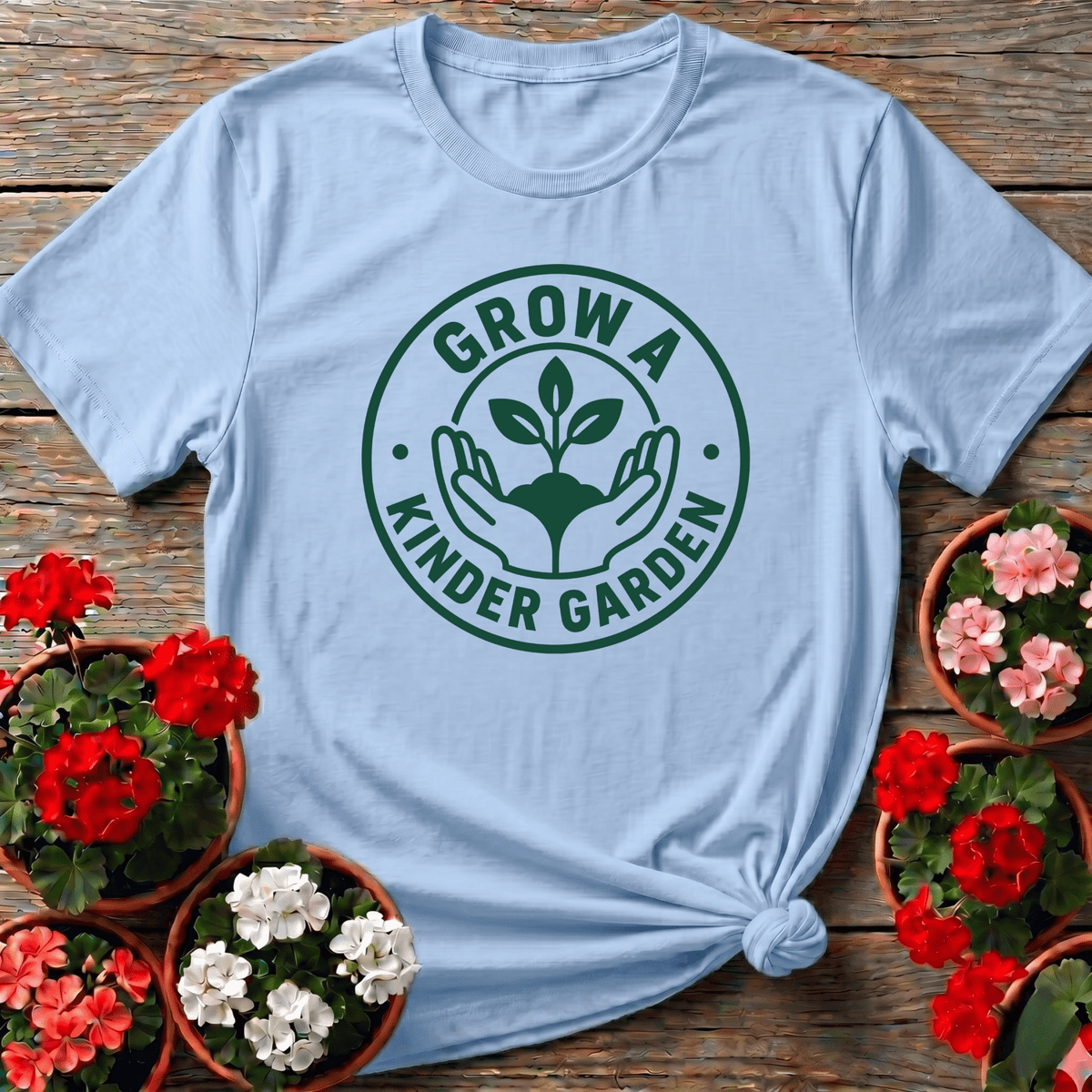 Light Blue minimalist seedling graphic gardening top with "Grow a Kinder Garden" for gentle gardeners