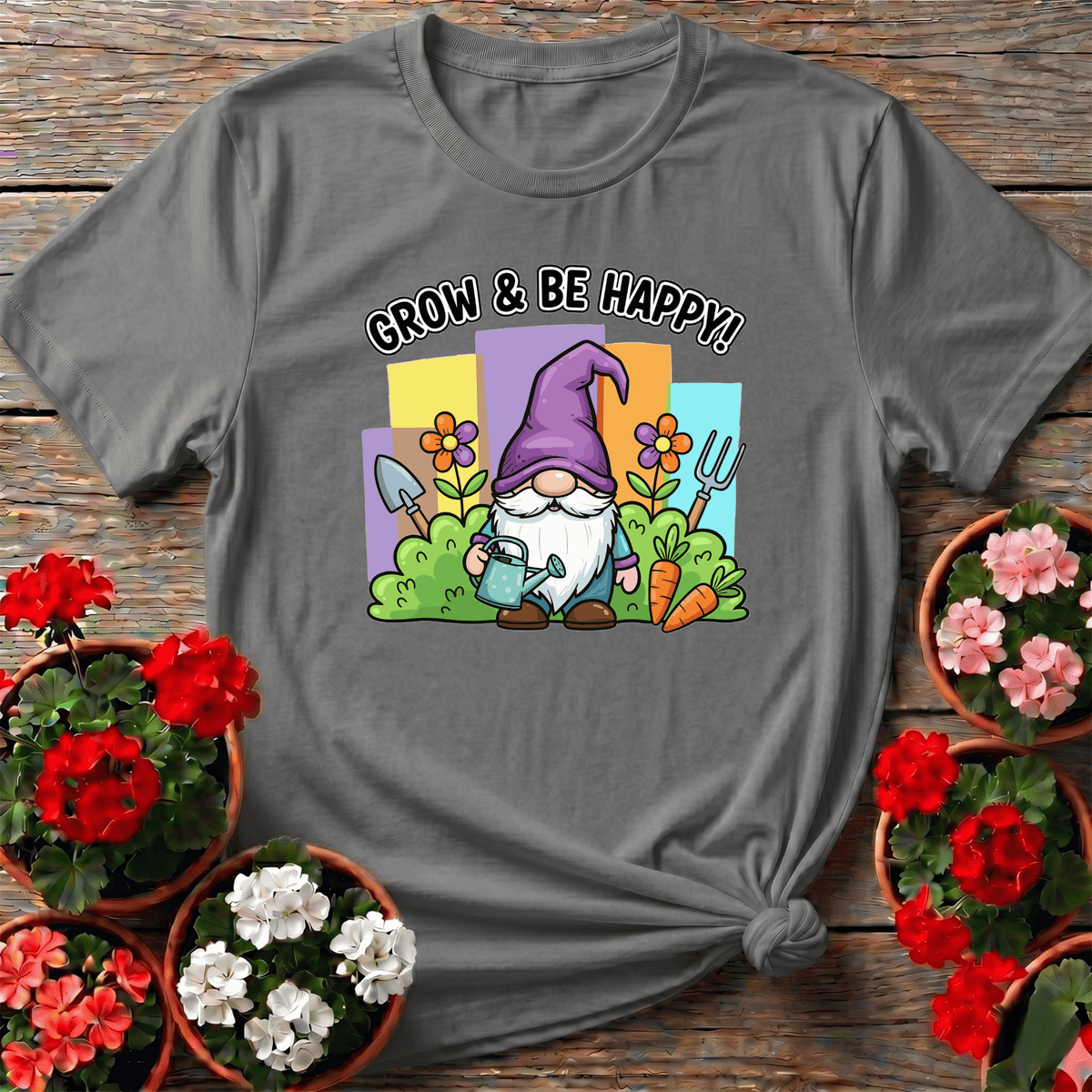 Sport Gray retro-graphic garden gnome shirt "Grow and Be Happy" for the gardener who keeps showing up