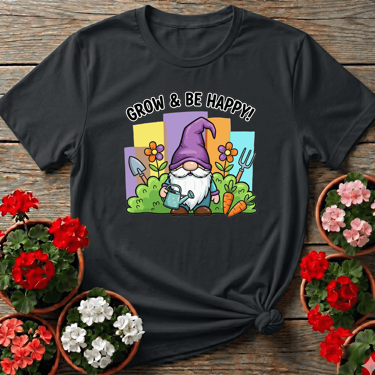 Black kawaii garden gnome tee "Grow and Be Happy" for gnome collectors and plant lovers
