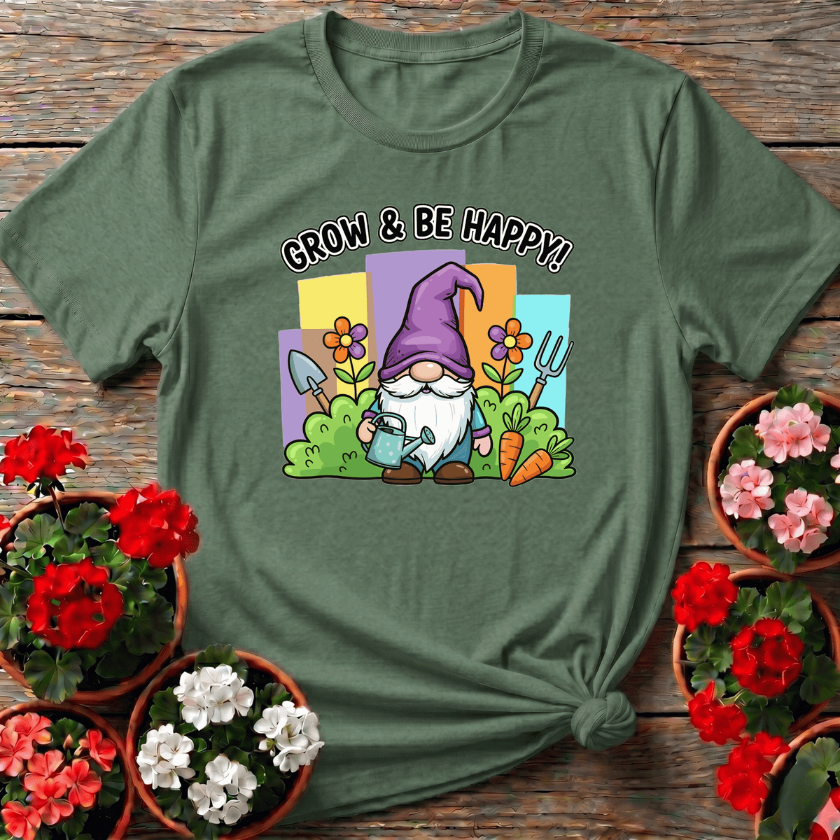 Military Green charming cartoon gnome tee "Grow and Be Happy" for slow-growth gardeners who love humor