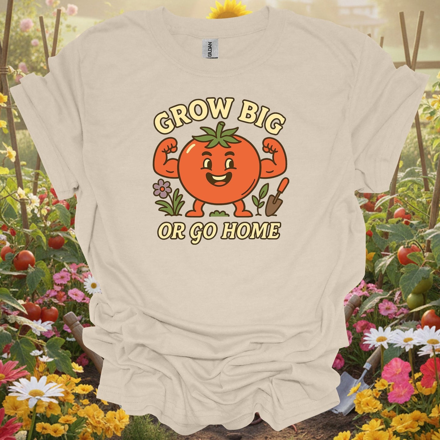 Natural tshirt showing grow big or go home funny muscular tomato for people who love plants