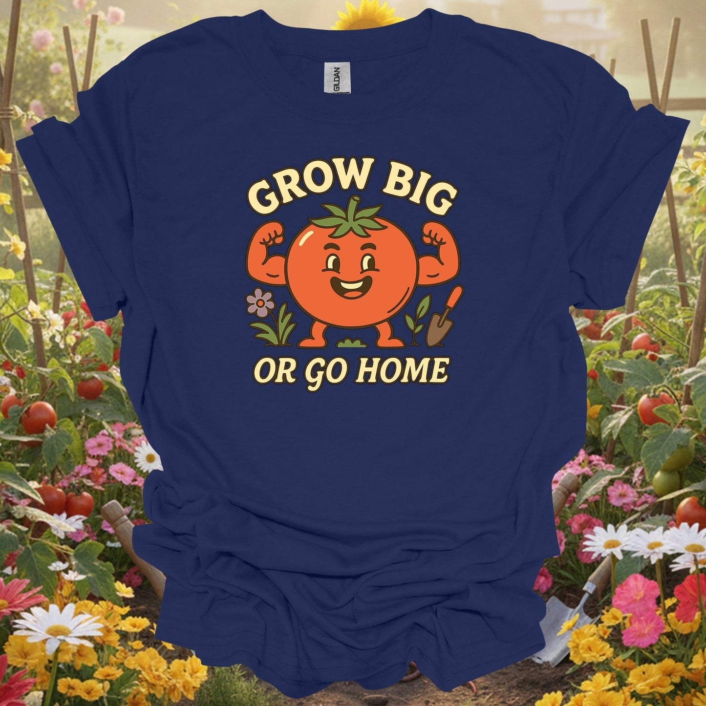 Navy top showing grow big or go home funny muscular tomato for green thumb folks