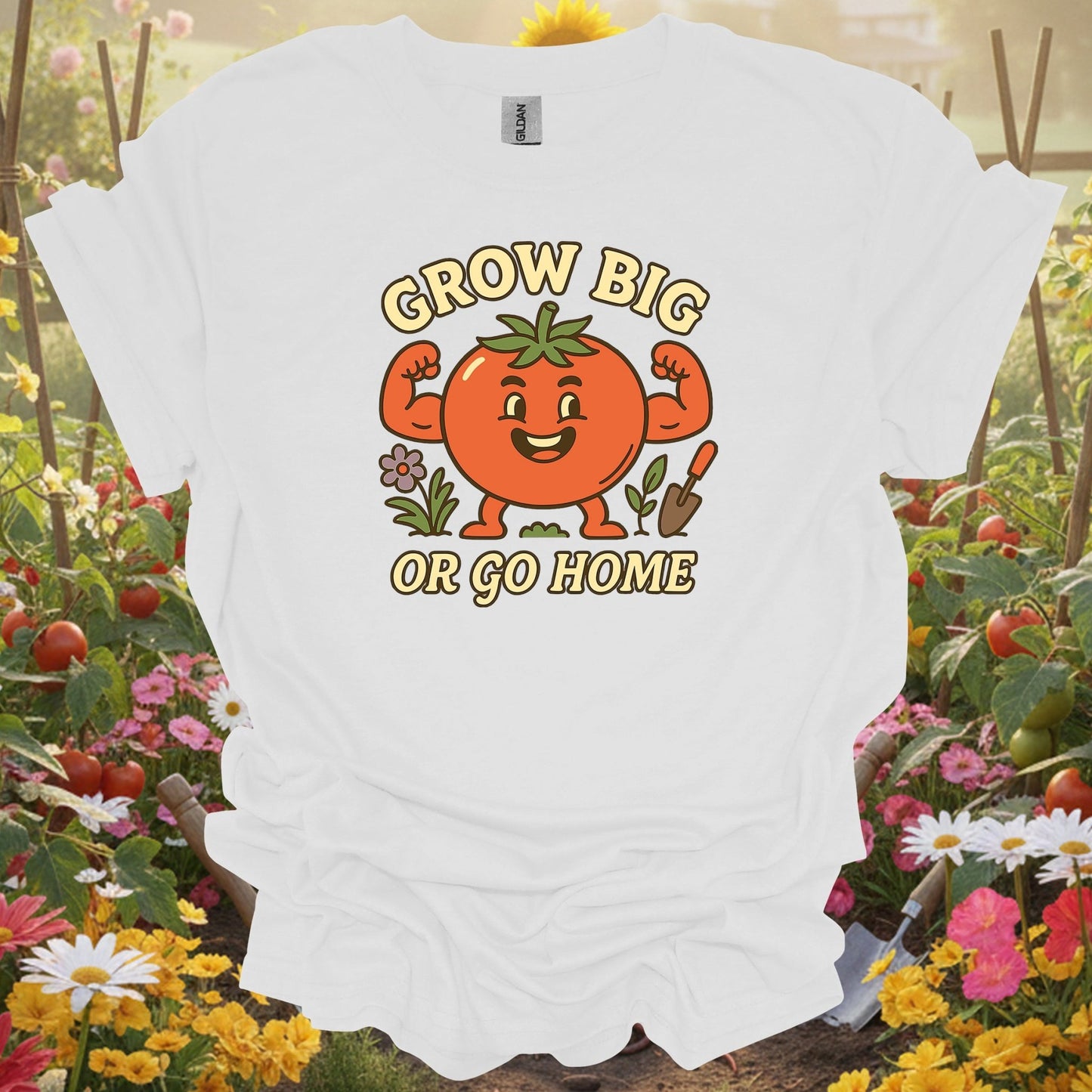 White tshirt showing grow big or go home funny muscular tomato for gardening enthusiasts