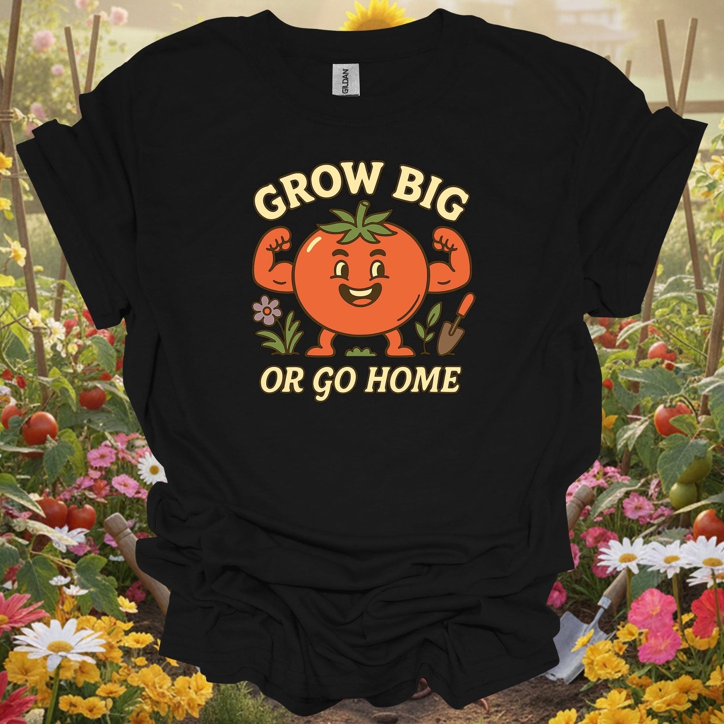 Black shirt showing grow big or go home funny muscular tomato for outdoor enthusiasts