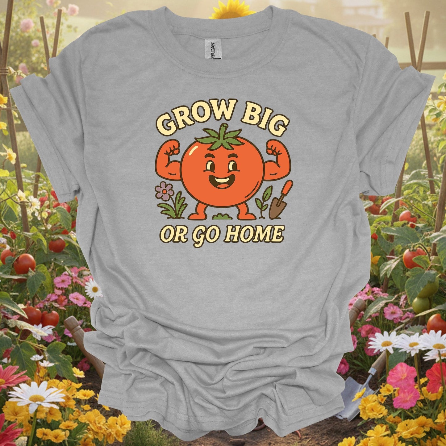 Sport Grey tee showing grow big or go home funny muscular tomato for garden hobbyists