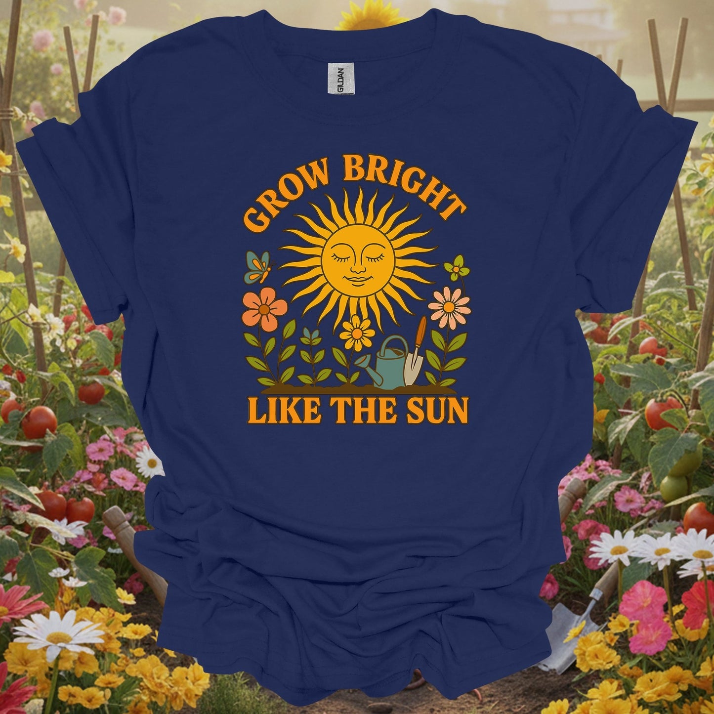 Navy top with a retro storybook garden graphic that captures a cheerful and mindful homesteading vibe for your T-shirt.