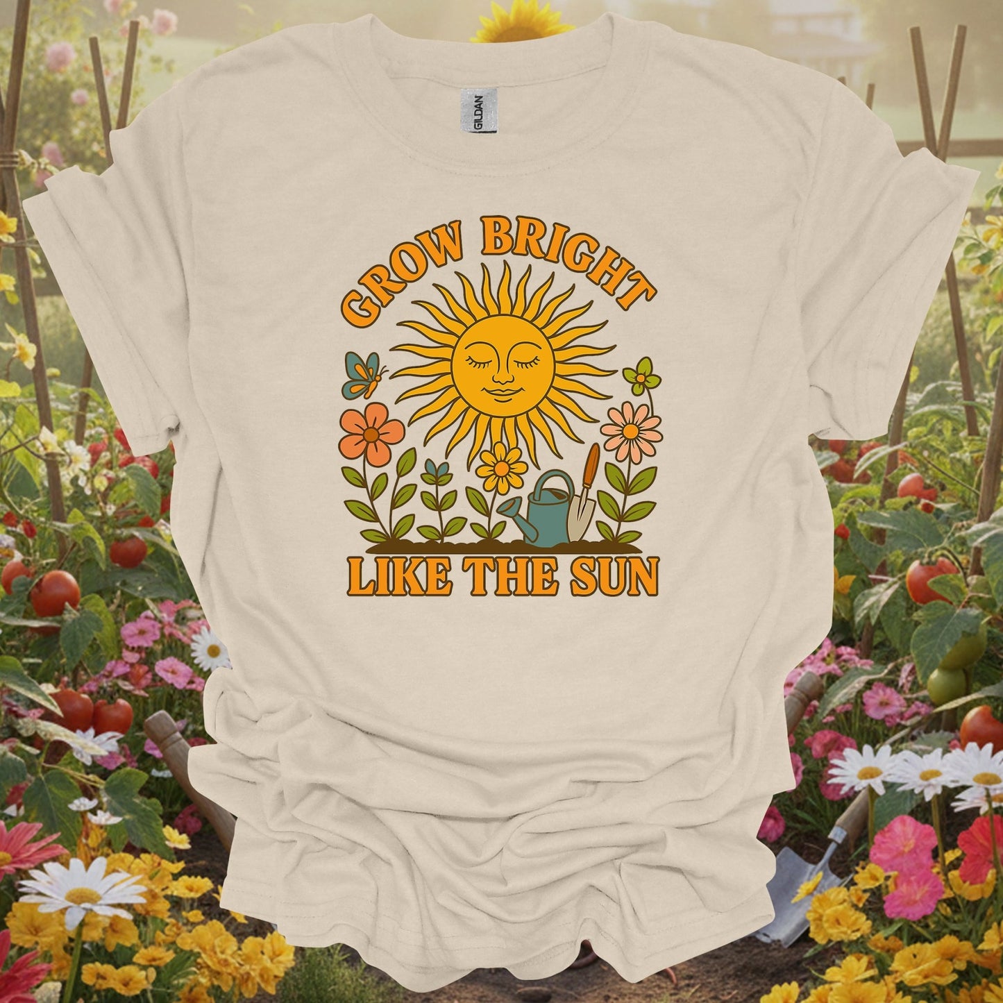 Natural apparel featuring a grow bright theme on a soft shirt that perfectly captures a playful and radiant spirit.